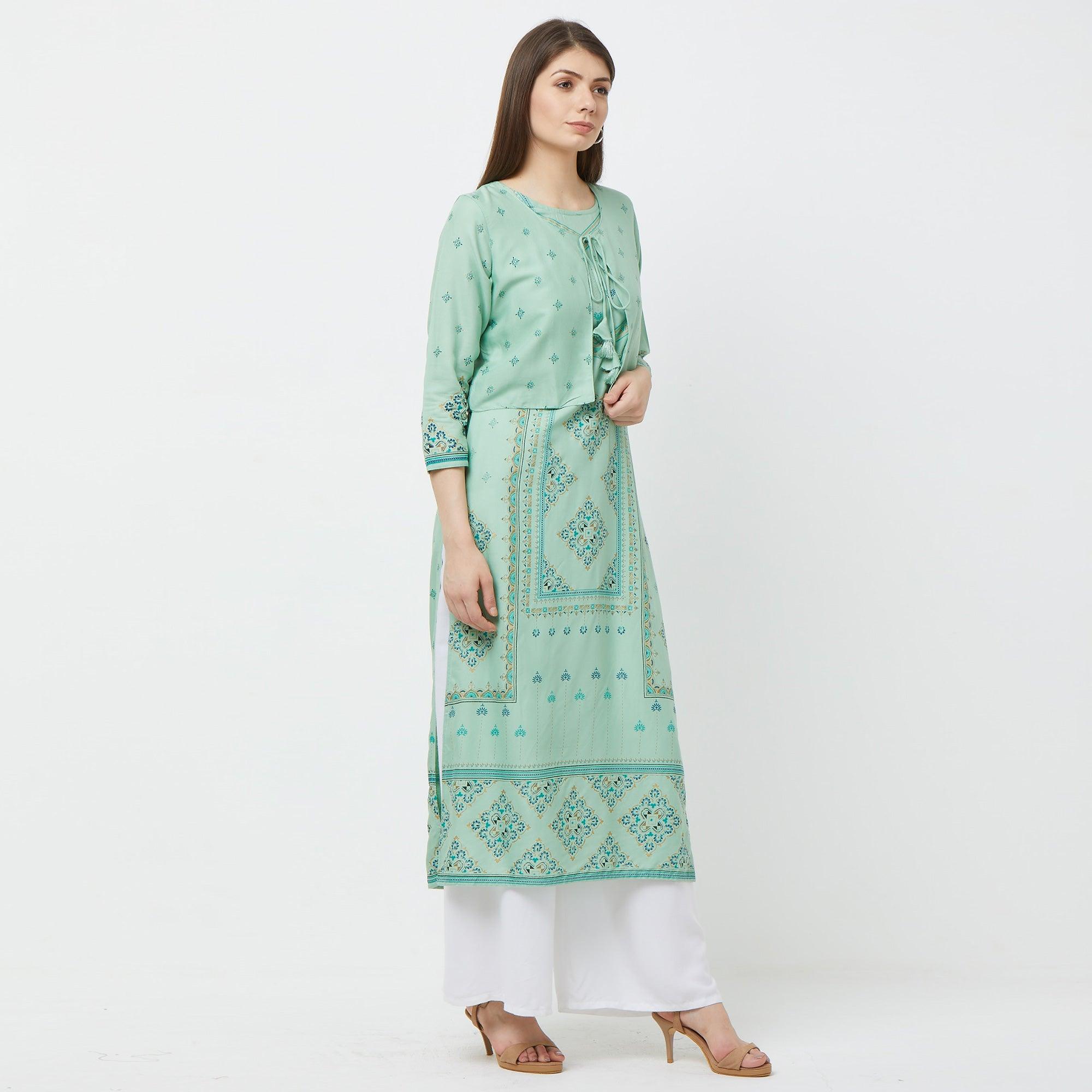 Pleasant Green Colored Partywear Printed Cotton Kurti With Koti - Peachmode