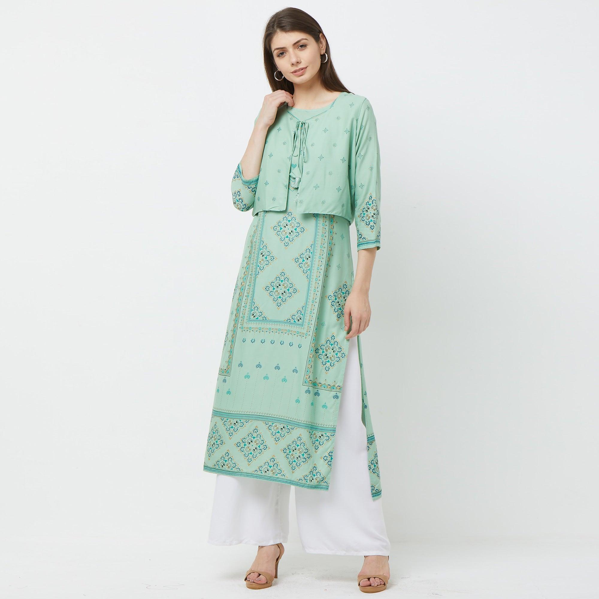 Pleasant Green Colored Partywear Printed Cotton Kurti With Koti - Peachmode