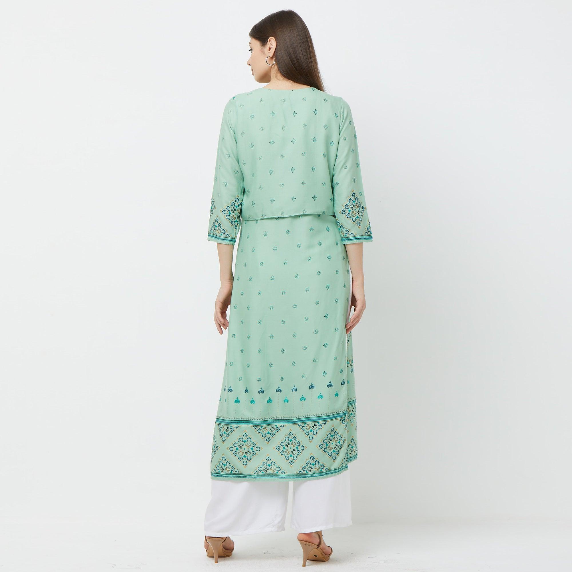Pleasant Green Colored Partywear Printed Cotton Kurti With Koti - Peachmode