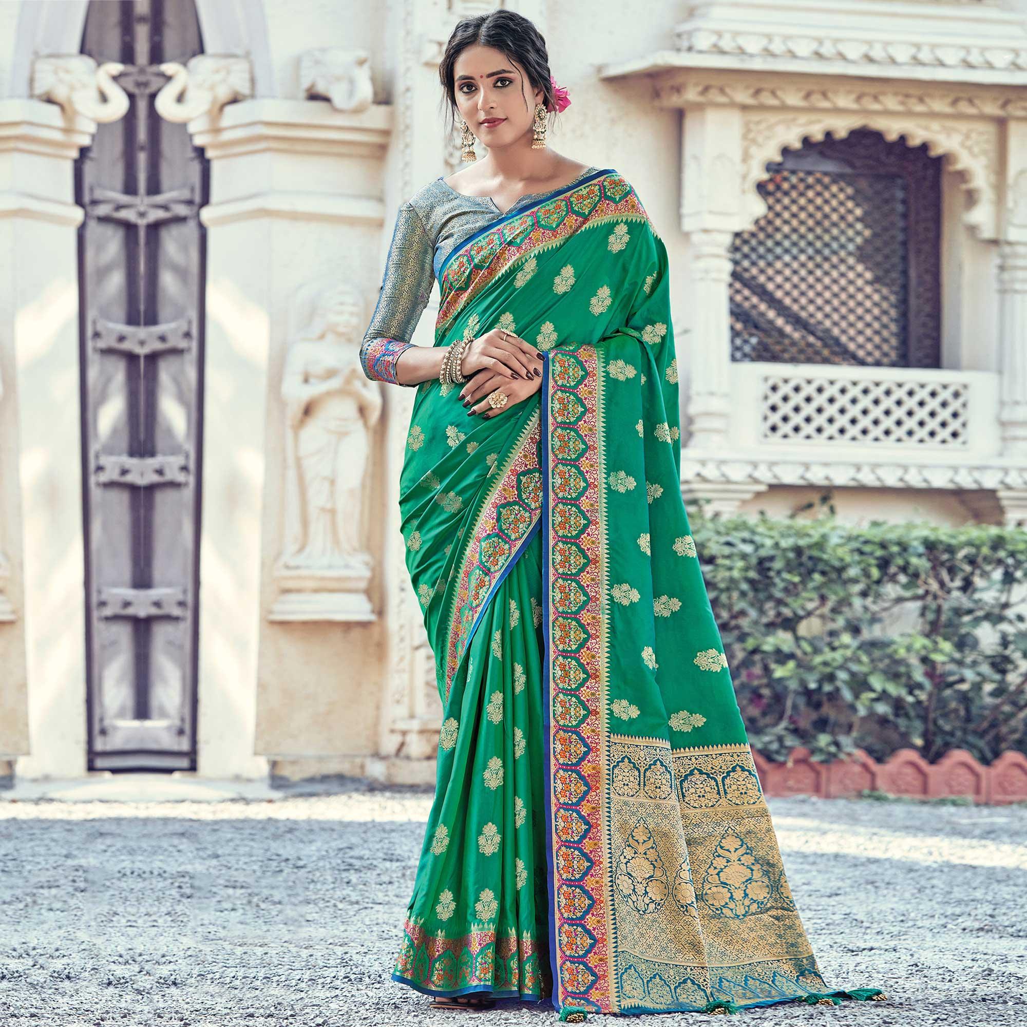 Pleasant Green Coloured Festive Wear Woven Silk Saree - Peachmode