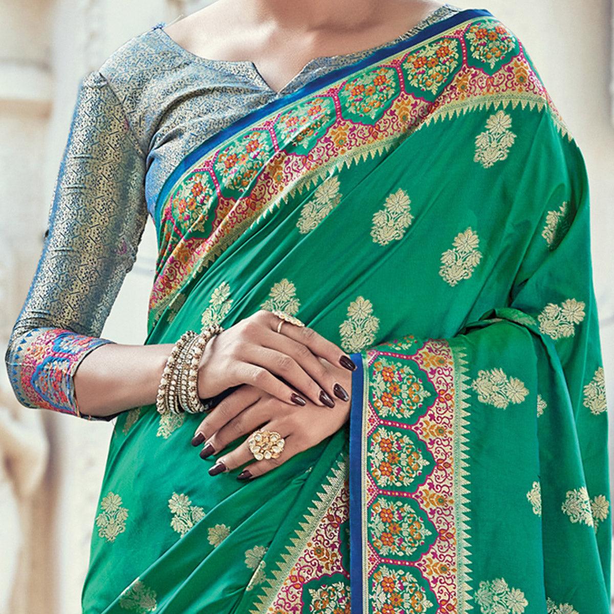 Pleasant Green Coloured Festive Wear Woven Silk Saree - Peachmode