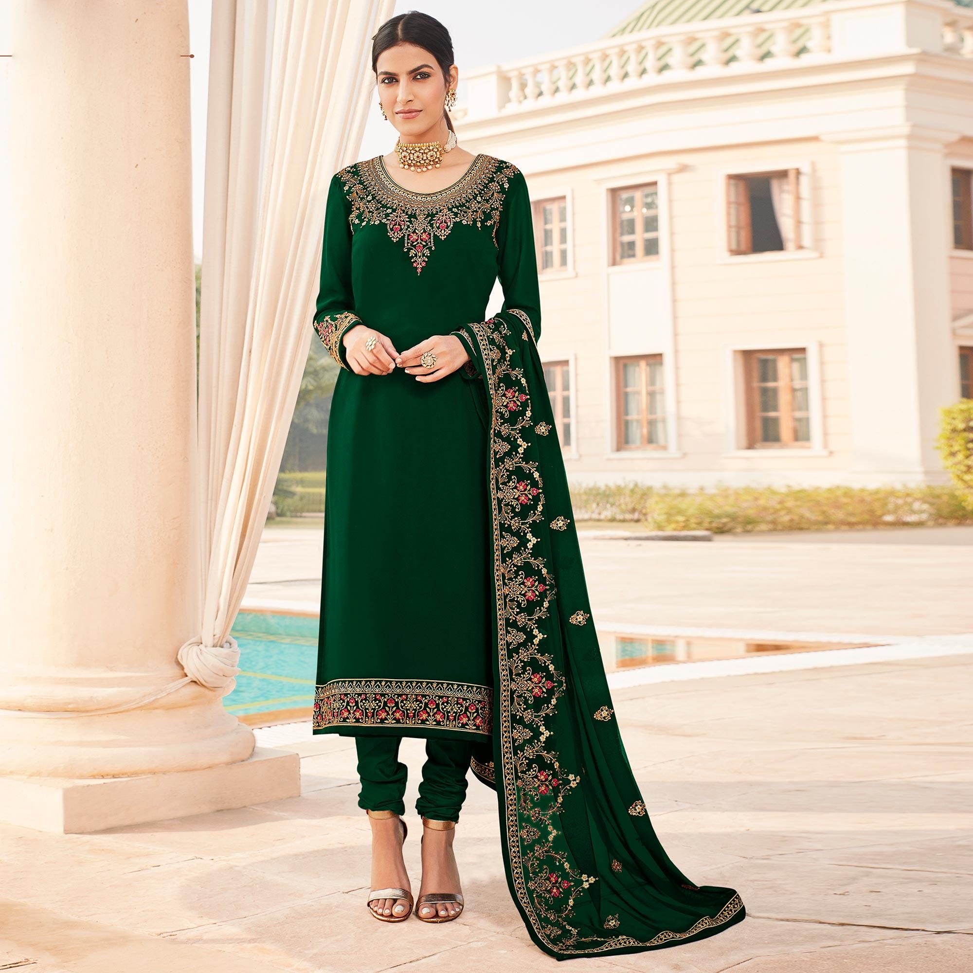 Pleasant Green Coloured Party Wear Embroidered Stone Work Faux Georgette Salwar Suit - Peachmode