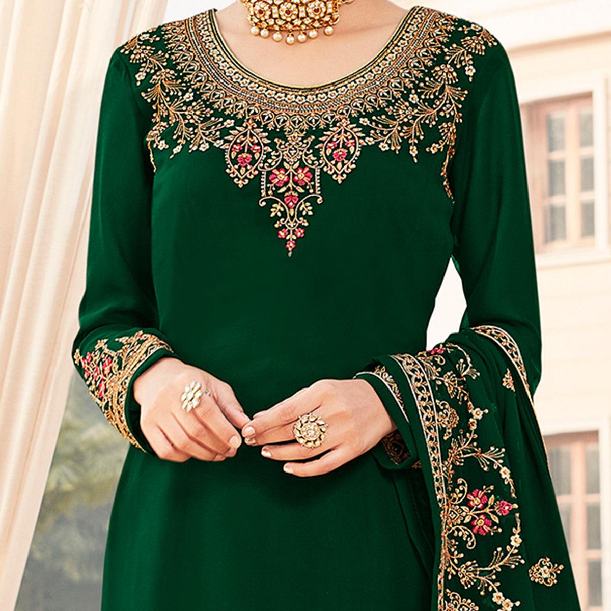 Pleasant Green Coloured Party Wear Embroidered Stone Work Faux Georgette Salwar Suit - Peachmode