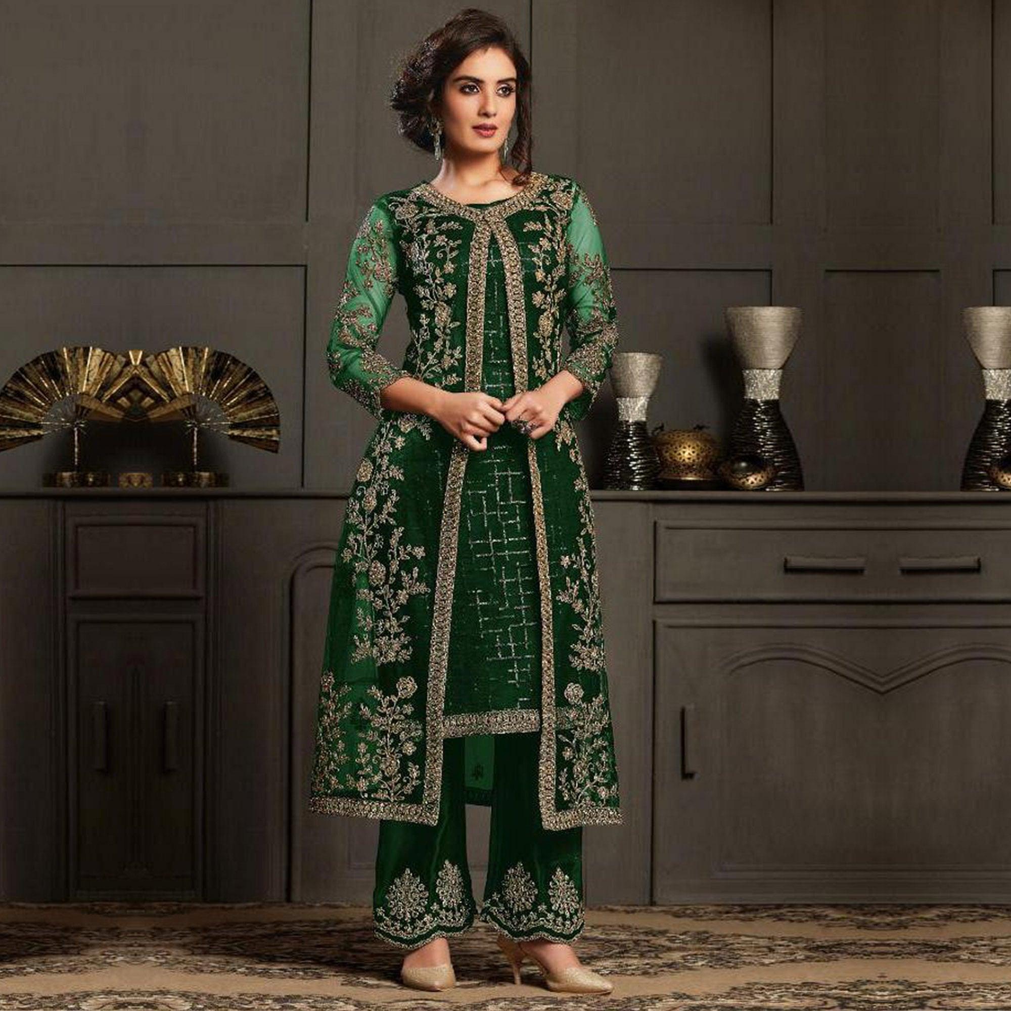 Pleasant Green Coloured Party Wear Floral Embroidered Butterfly Net Pakistani Straight Suit - Peachmode