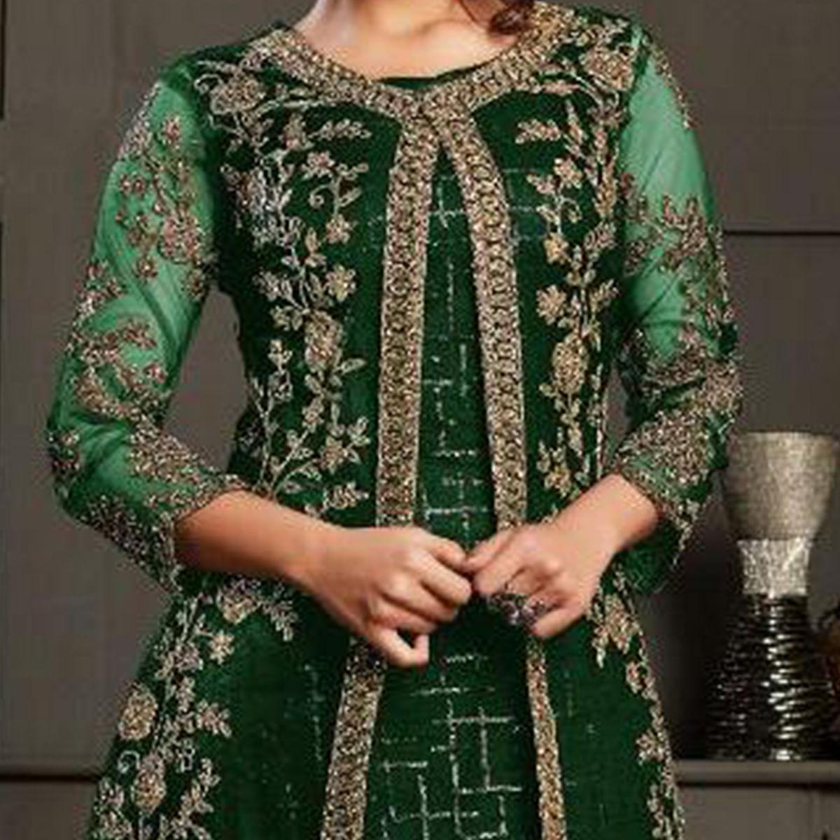 Pleasant Green Coloured Party Wear Floral Embroidered Butterfly Net Pakistani Straight Suit - Peachmode