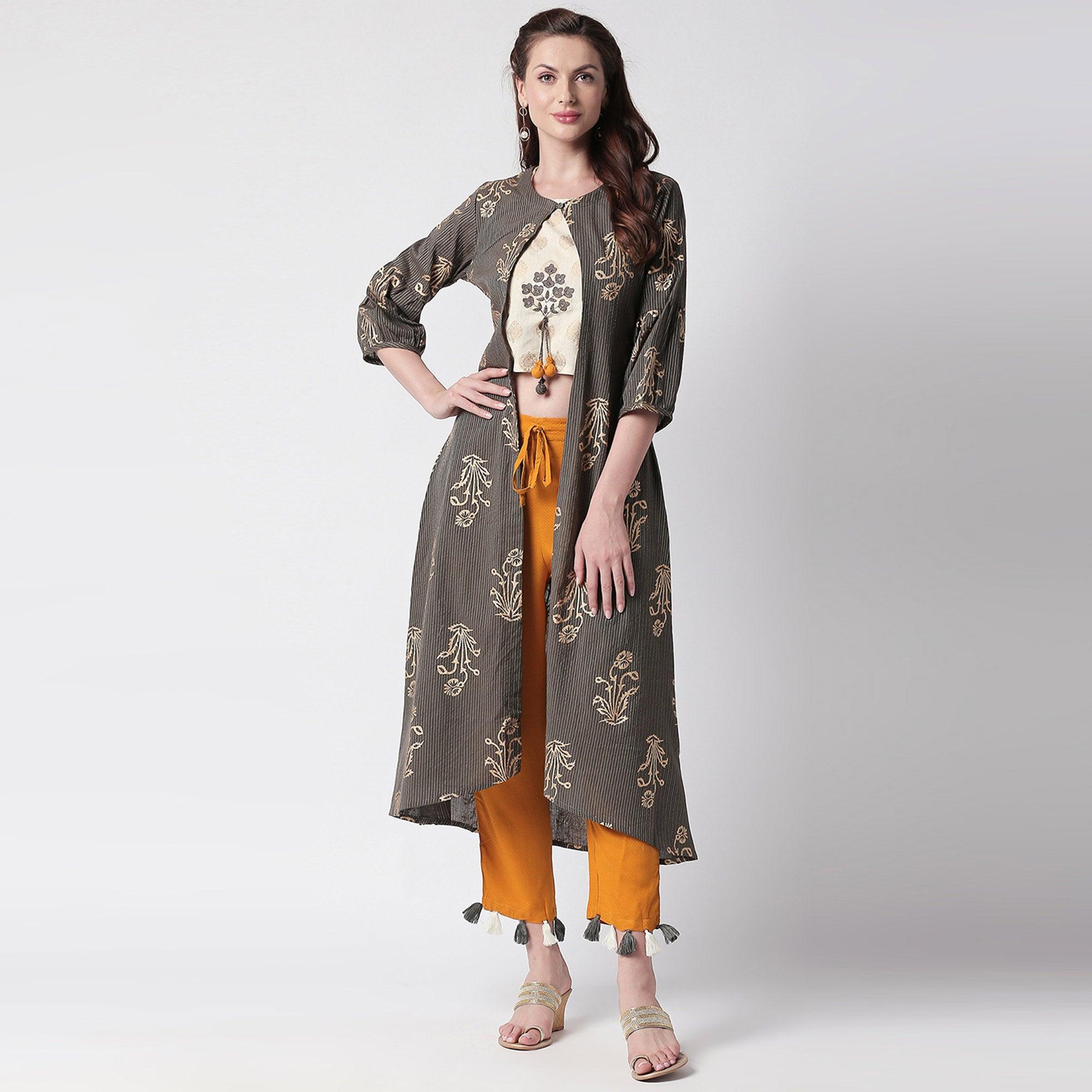Pleasant Grey Colored Casual Printed Shrug Style Kurti - Palazzo Set - Peachmode