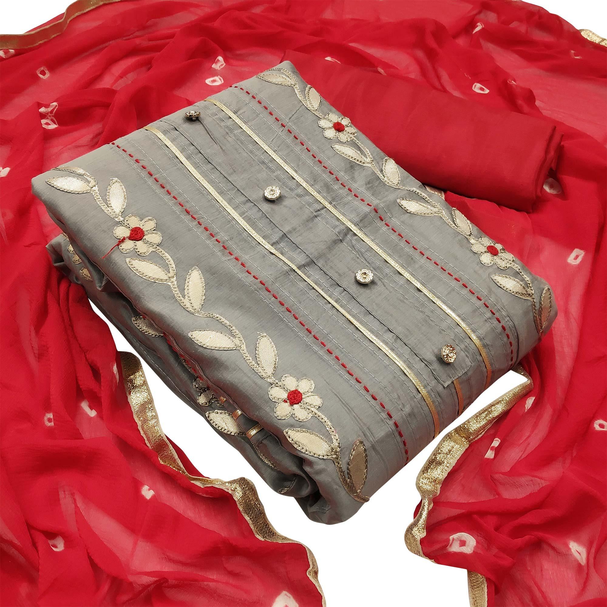 Pleasant Grey Colored Festive Wear Embroidered Modal Silk Dress Material - Peachmode