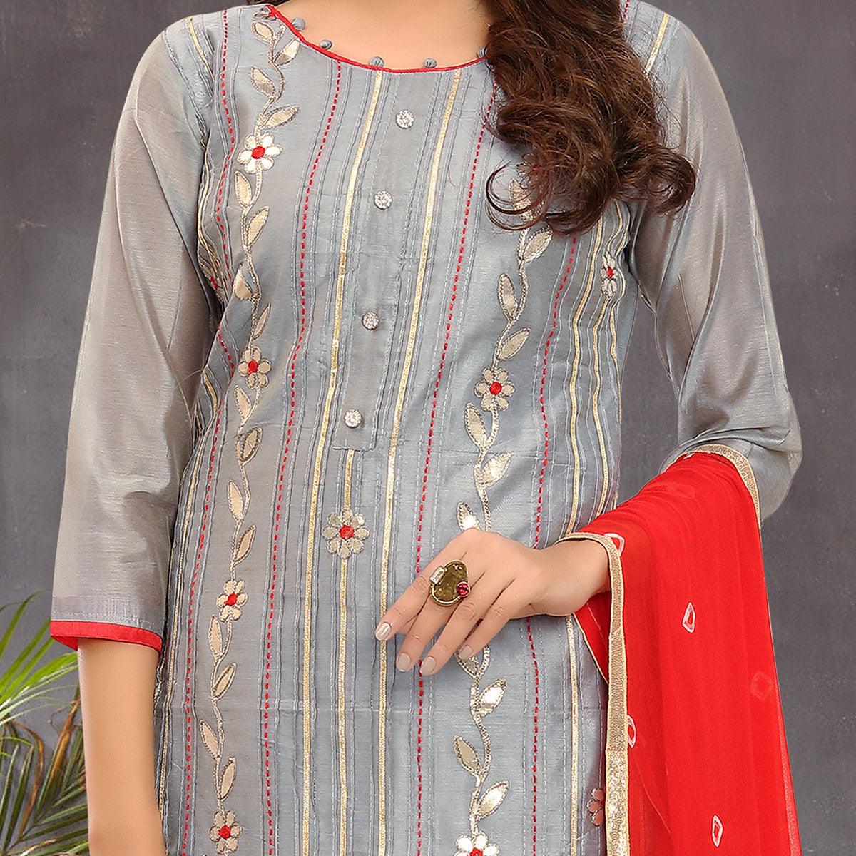 Pleasant Grey Colored Festive Wear Embroidered Modal Silk Dress Material - Peachmode