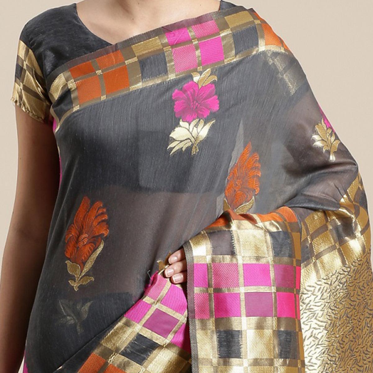 Pleasant Grey Colored Festive Wear Woven Floral Cotton Silk Saree With Tassels - Peachmode
