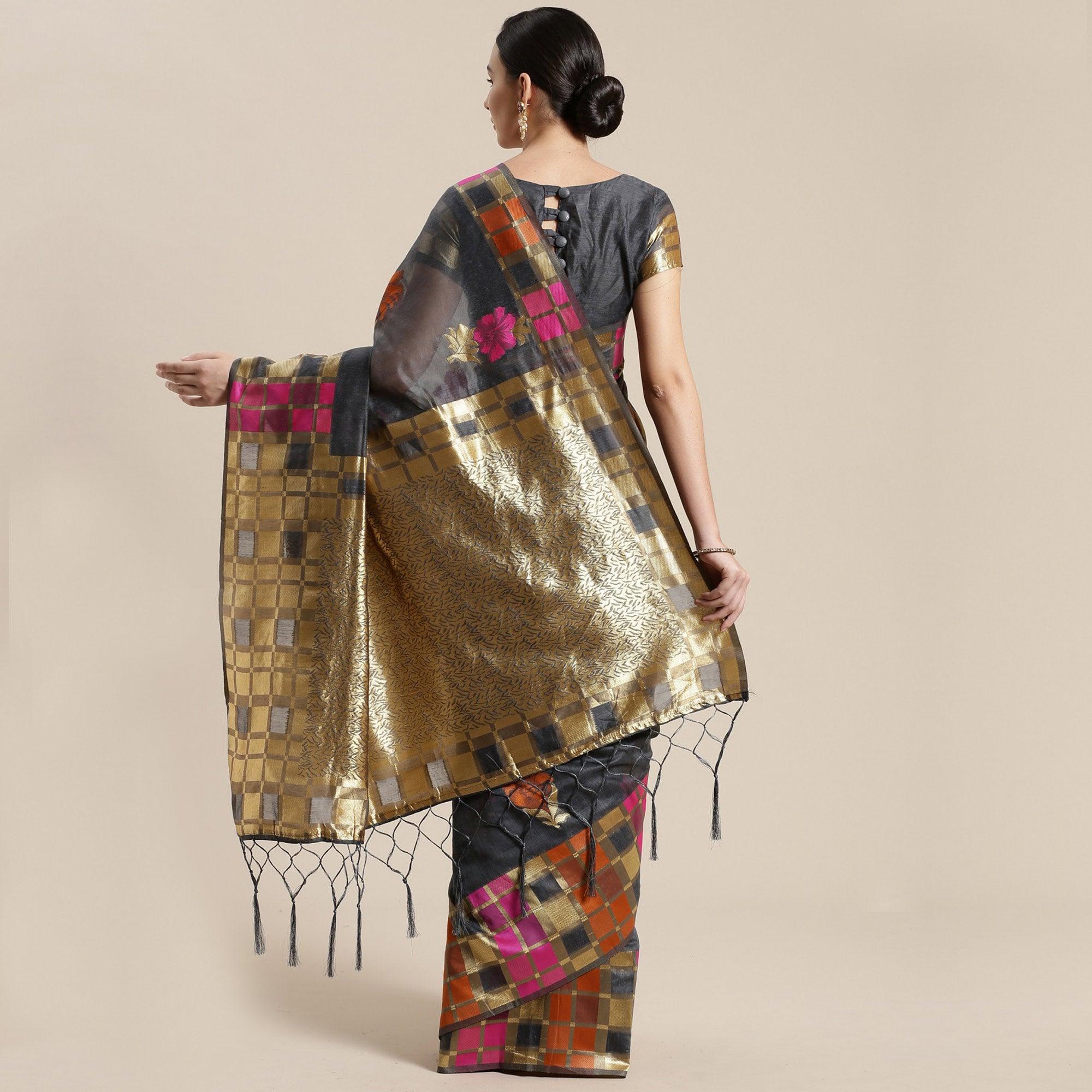 Pleasant Grey Colored Festive Wear Woven Floral Cotton Silk Saree With Tassels - Peachmode