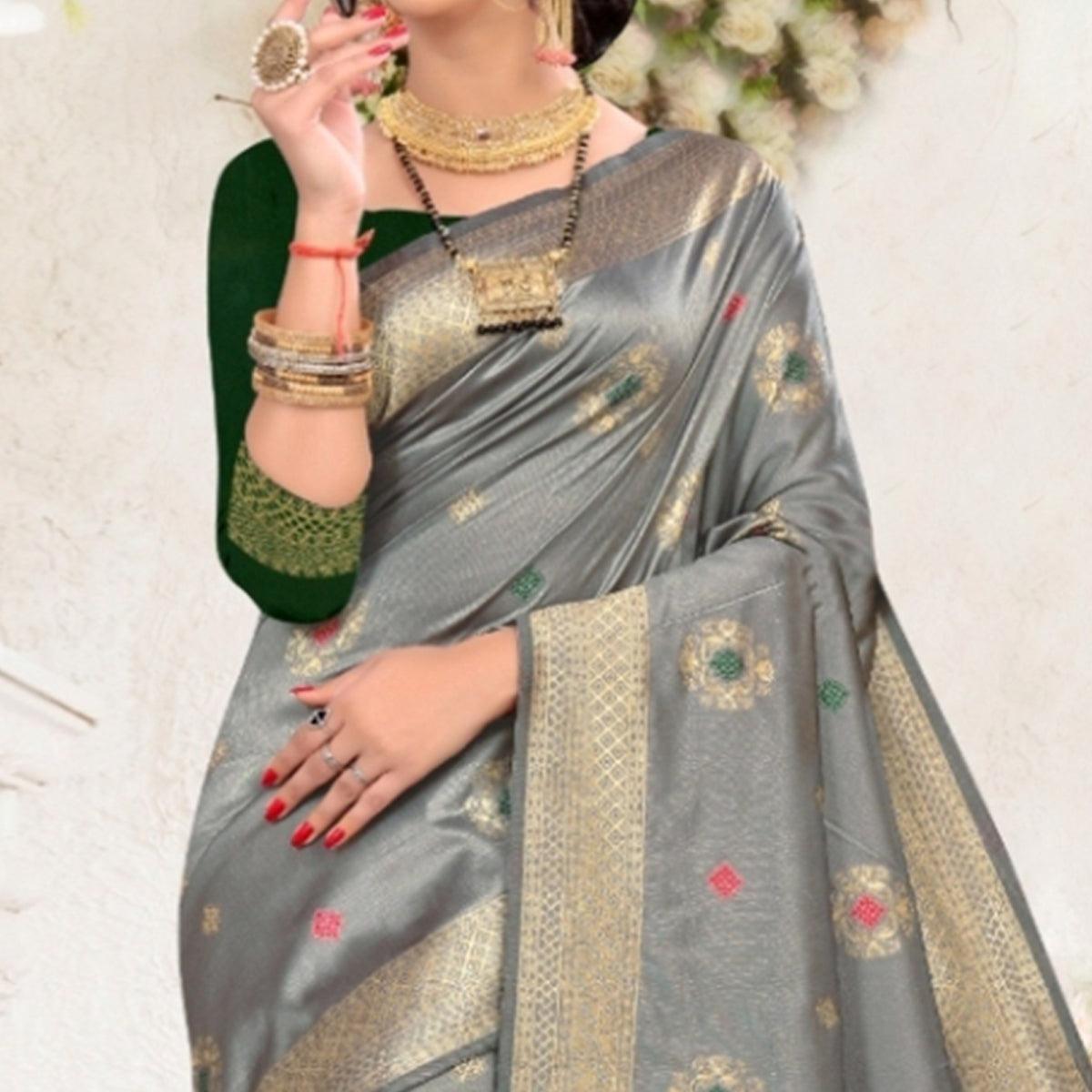 Pleasant Grey Colored Festive Wear Woven Lichi Silk Saree - Peachmode
