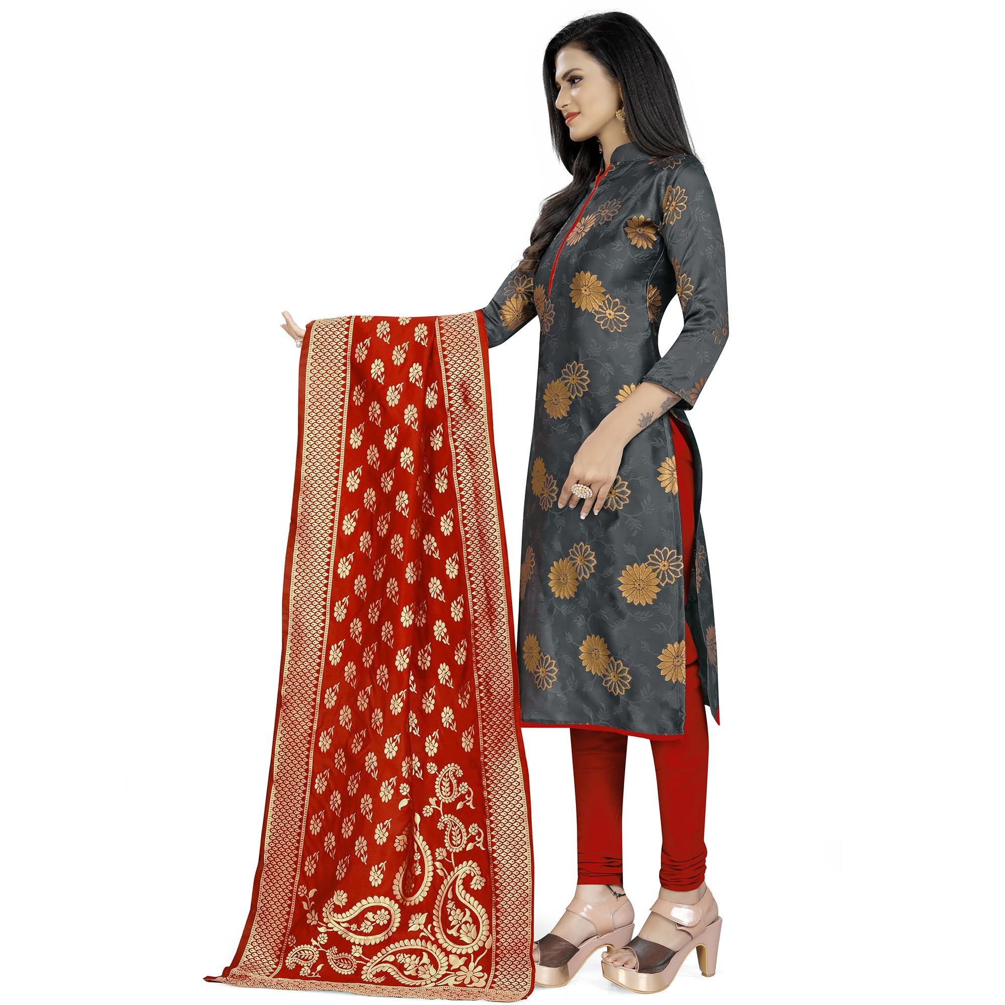 Pleasant Grey Colored Party Wear Woven Banarasi Silk Dress Material - Peachmode
