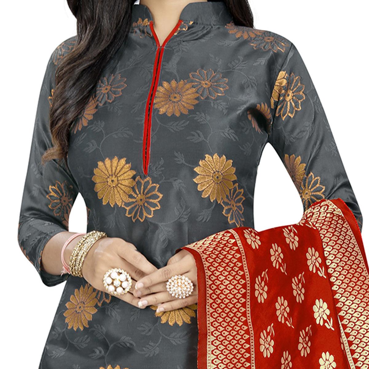 Pleasant Grey Colored Party Wear Woven Banarasi Silk Dress Material - Peachmode