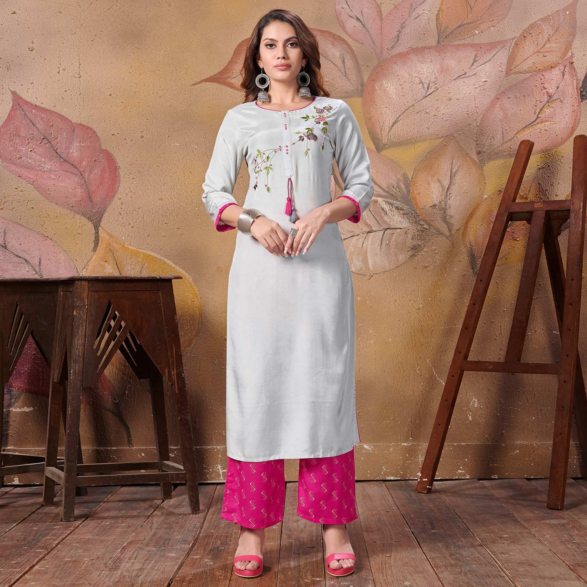 Pleasant Grey Colored Partywear Floral Embroidered Silk Kurti-Palazzo Set - Peachmode