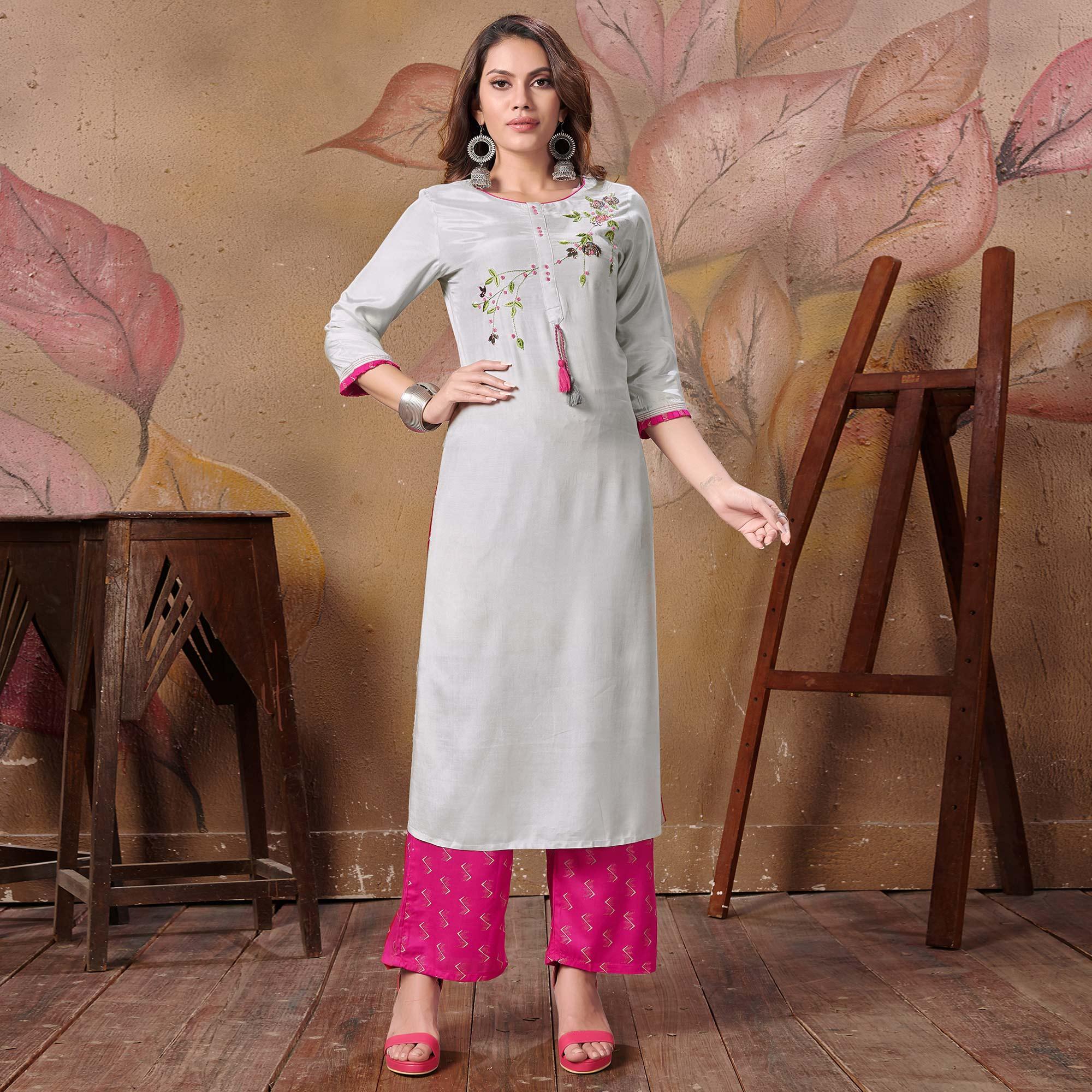 Pleasant Grey Colored Partywear Floral Embroidered Silk Kurti-Palazzo Set - Peachmode