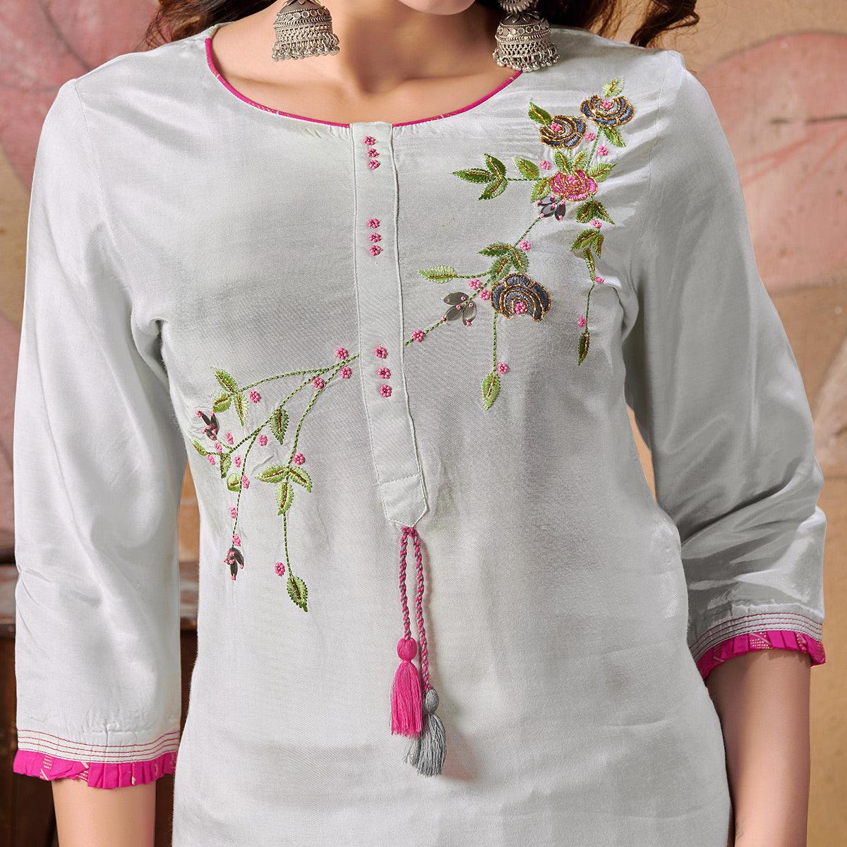 Pleasant Grey Colored Partywear Floral Embroidered Silk Kurti-Palazzo Set - Peachmode