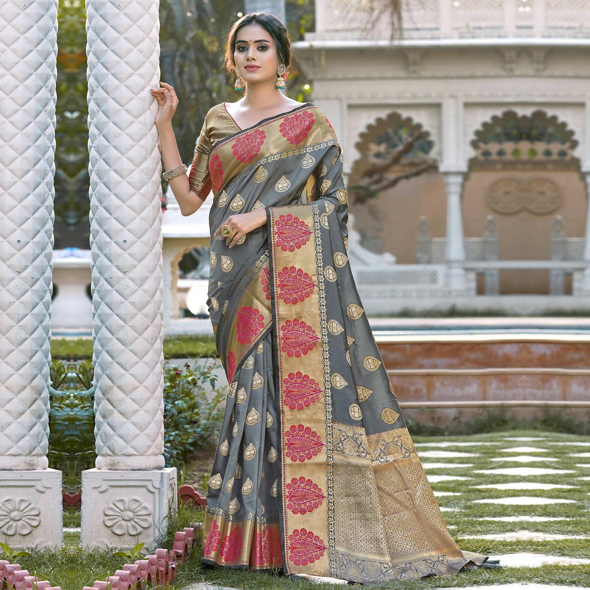 Pleasant Grey Coloured Partywear Woven Silk Saree - Peachmode