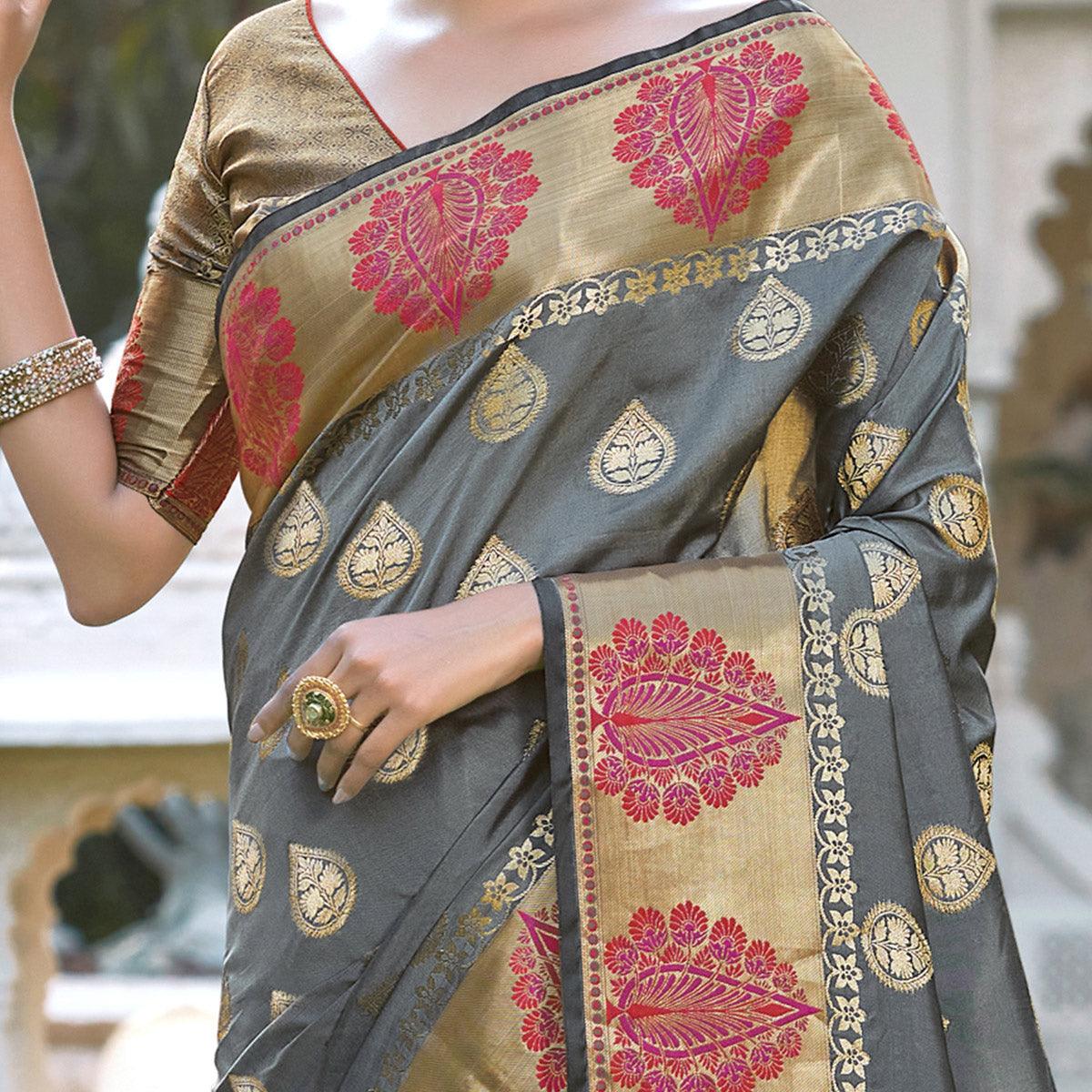 Pleasant Grey Coloured Partywear Woven Silk Saree - Peachmode