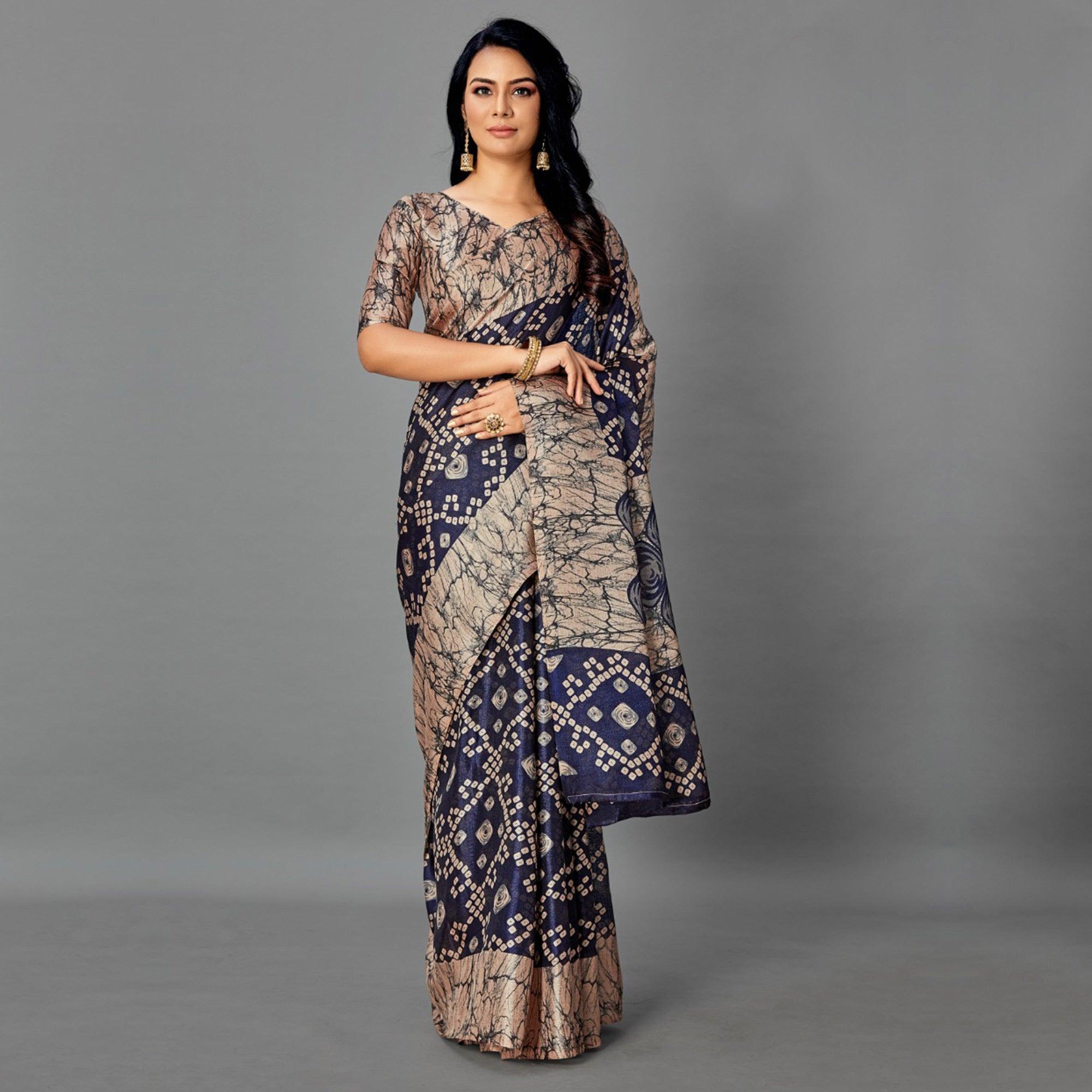 Pleasant Grey - Navy Blue Colored Casual Wear Printed Art Silk Saree - Peachmode