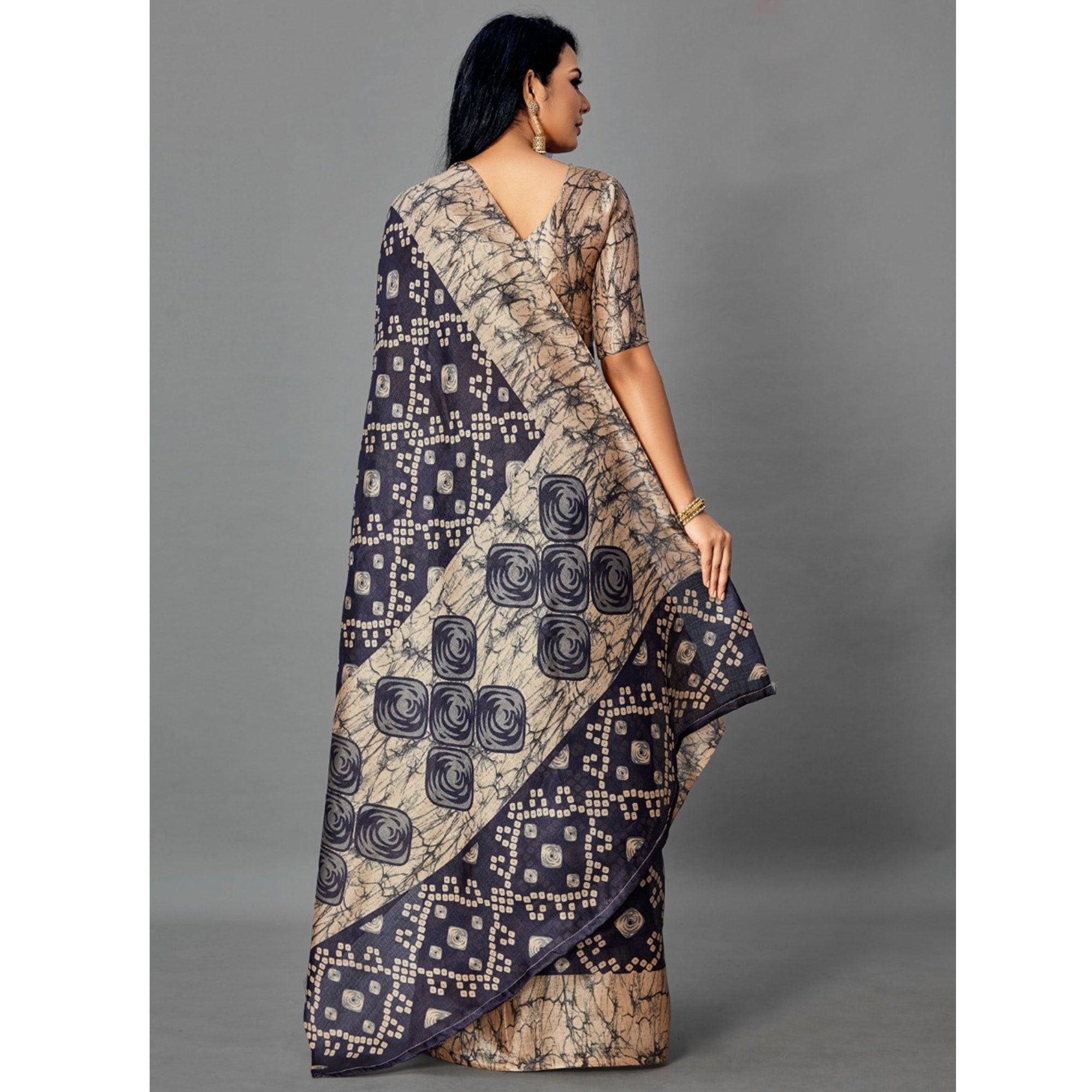 Pleasant Grey - Navy Blue Colored Casual Wear Printed Art Silk Saree - Peachmode