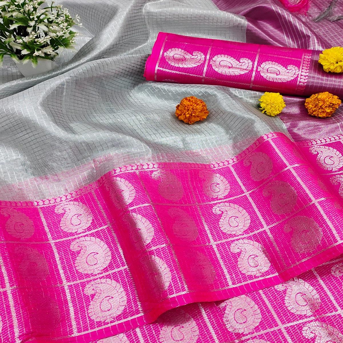 Pleasant Grey - Rani Colored Festive Wear Woven Cotton Silk Saree - Peachmode