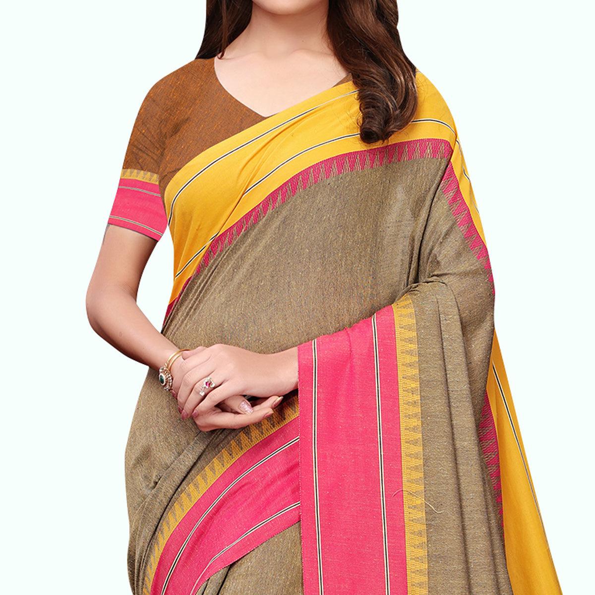 Pleasant Khaki Colored Festive Wear Linen Saree - Peachmode