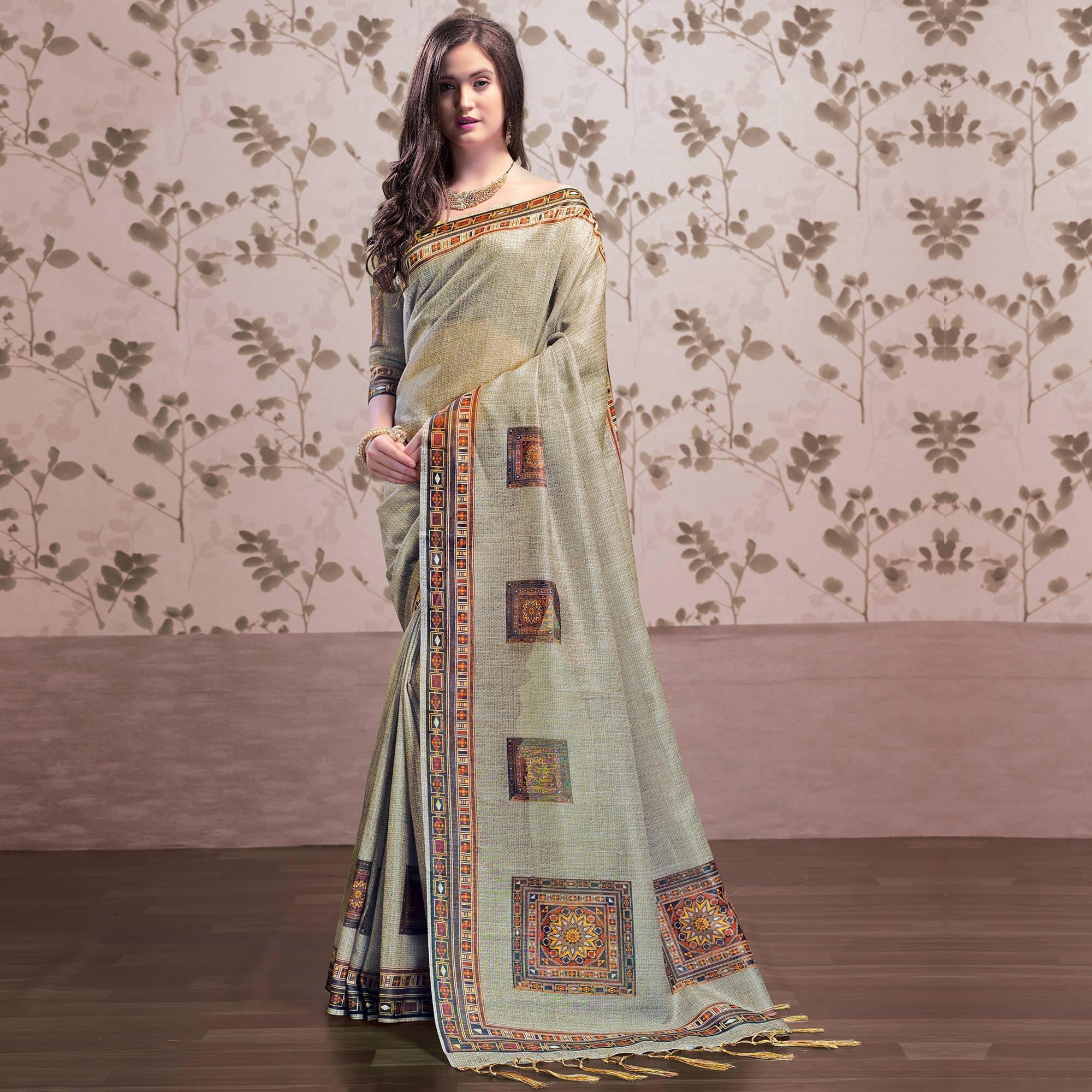 Pleasant Light Olive Green Colored Party Wear Printed Art Silk Saree - Peachmode