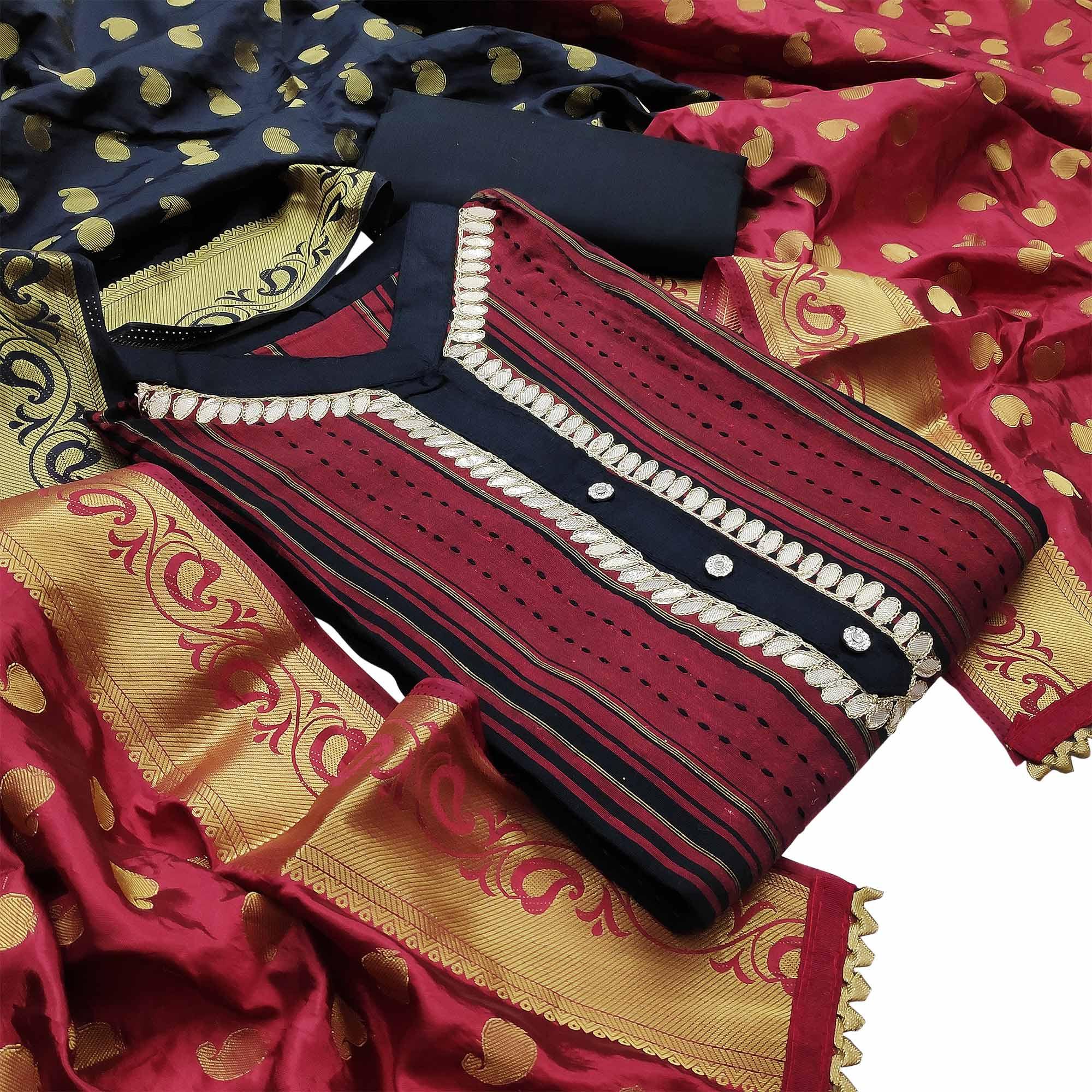 Pleasant Maroon Colored Festive Wear Embroidered Woven Cotton Dress Material - Peachmode