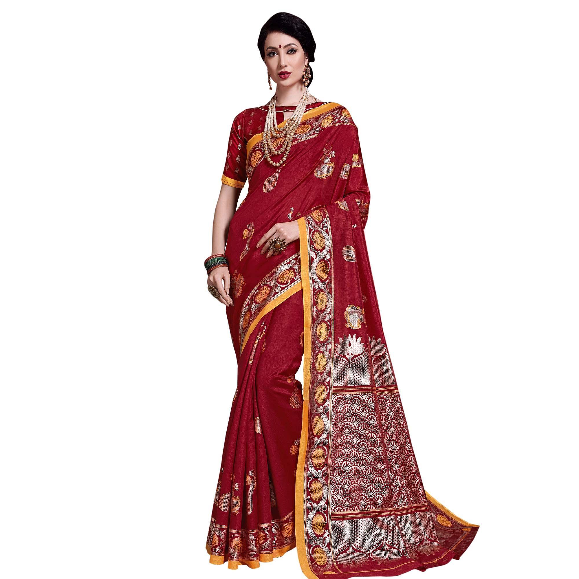 Pleasant Maroon Colored Festive Wear Printed Art Silk Saree - Peachmode