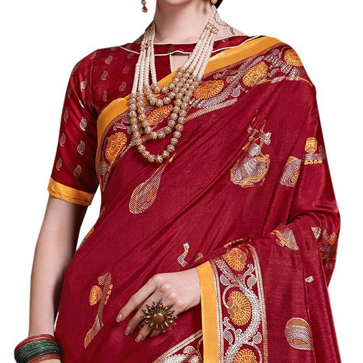 Pleasant Maroon Colored Festive Wear Printed Art Silk Saree - Peachmode