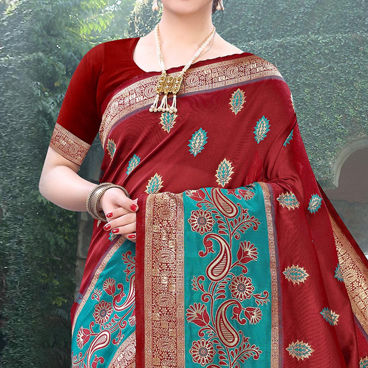 Pleasant Maroon Colored Festive Wear Woven Heavy Banarasi Silk Saree - Peachmode