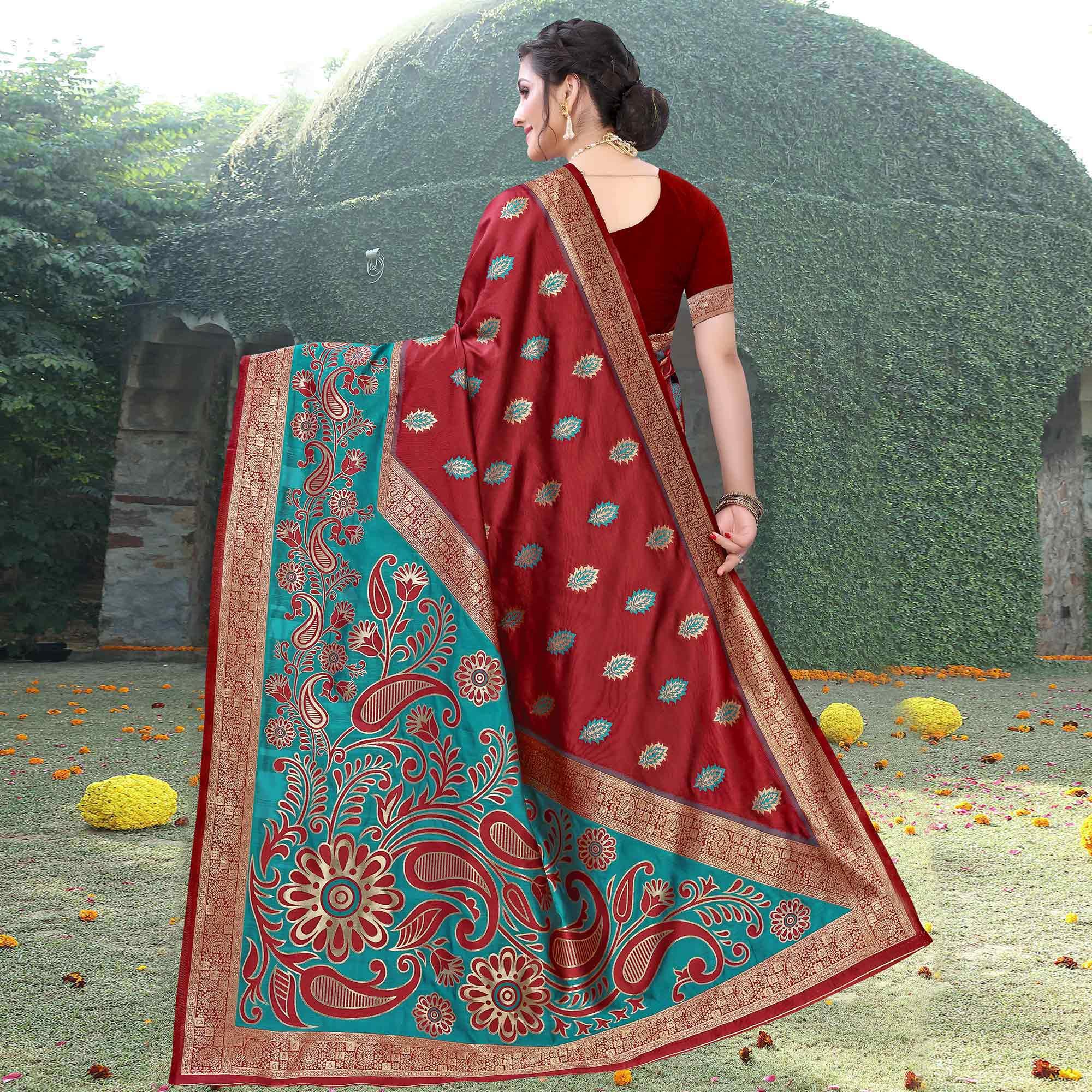 Pleasant Maroon Colored Festive Wear Woven Heavy Banarasi Silk Saree - Peachmode