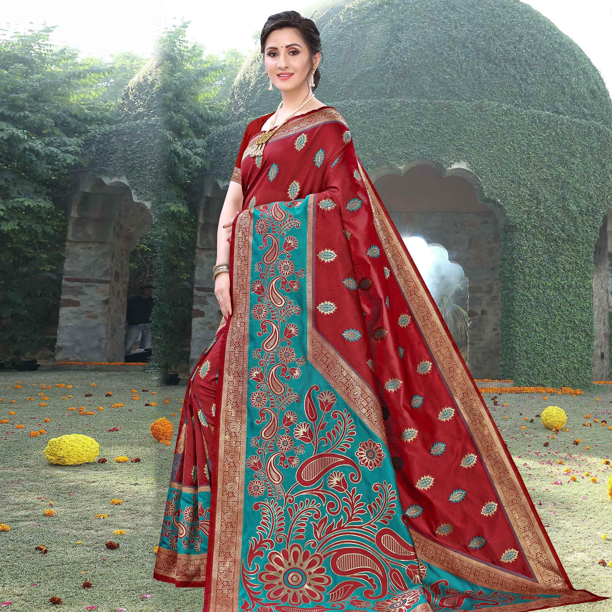 Pleasant Maroon Colored Festive Wear Woven Heavy Banarasi Silk Saree - Peachmode