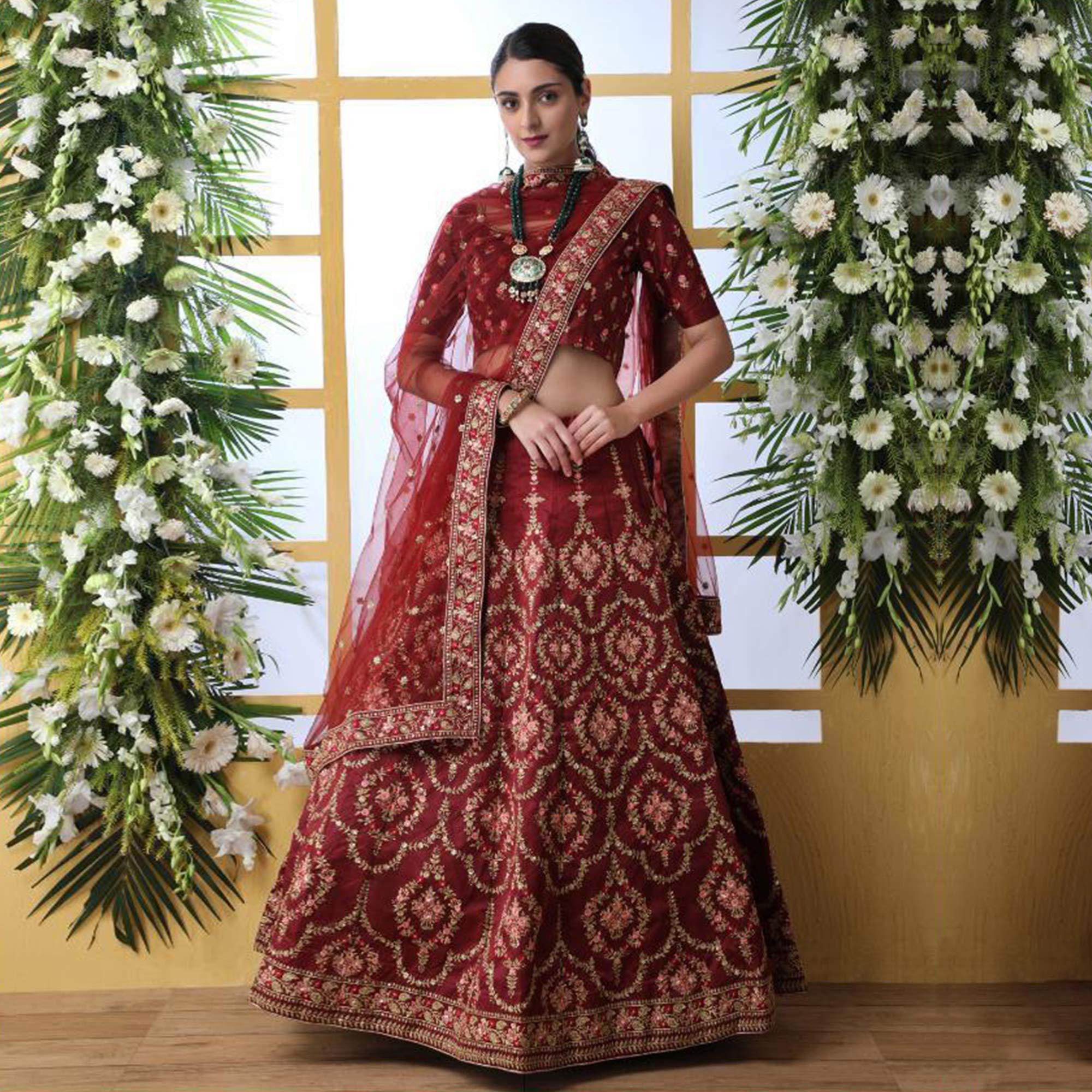 Pleasant Maroon Colored Party Wear Floral Embroidered Art Silk Lehenga Choli - Peachmode
