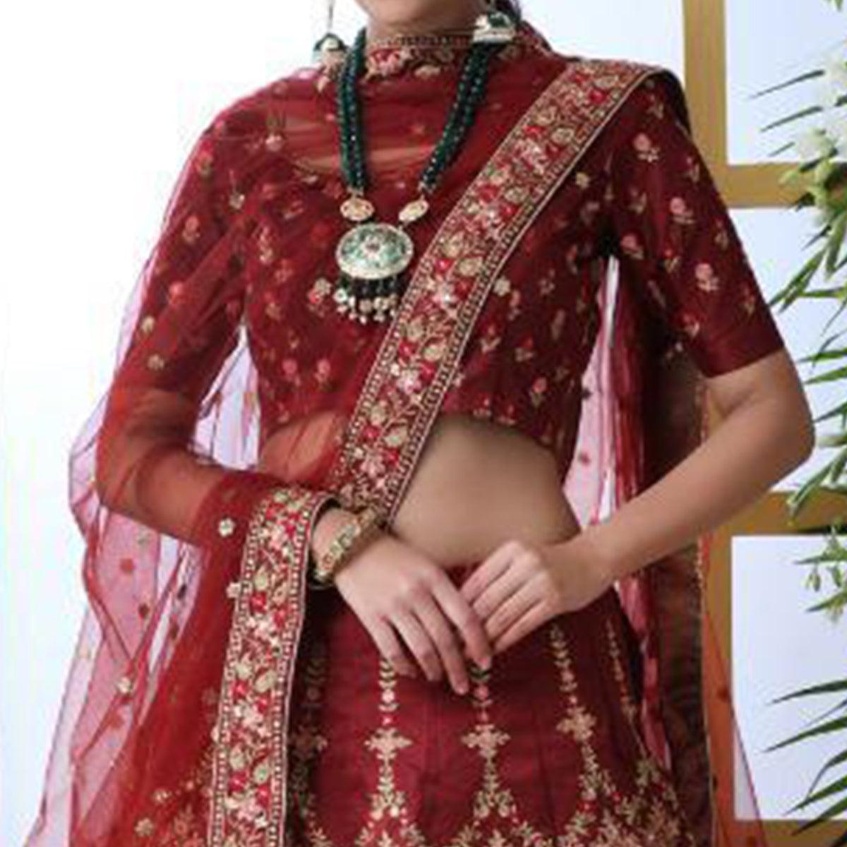 Pleasant Maroon Colored Party Wear Floral Embroidered Art Silk Lehenga Choli - Peachmode