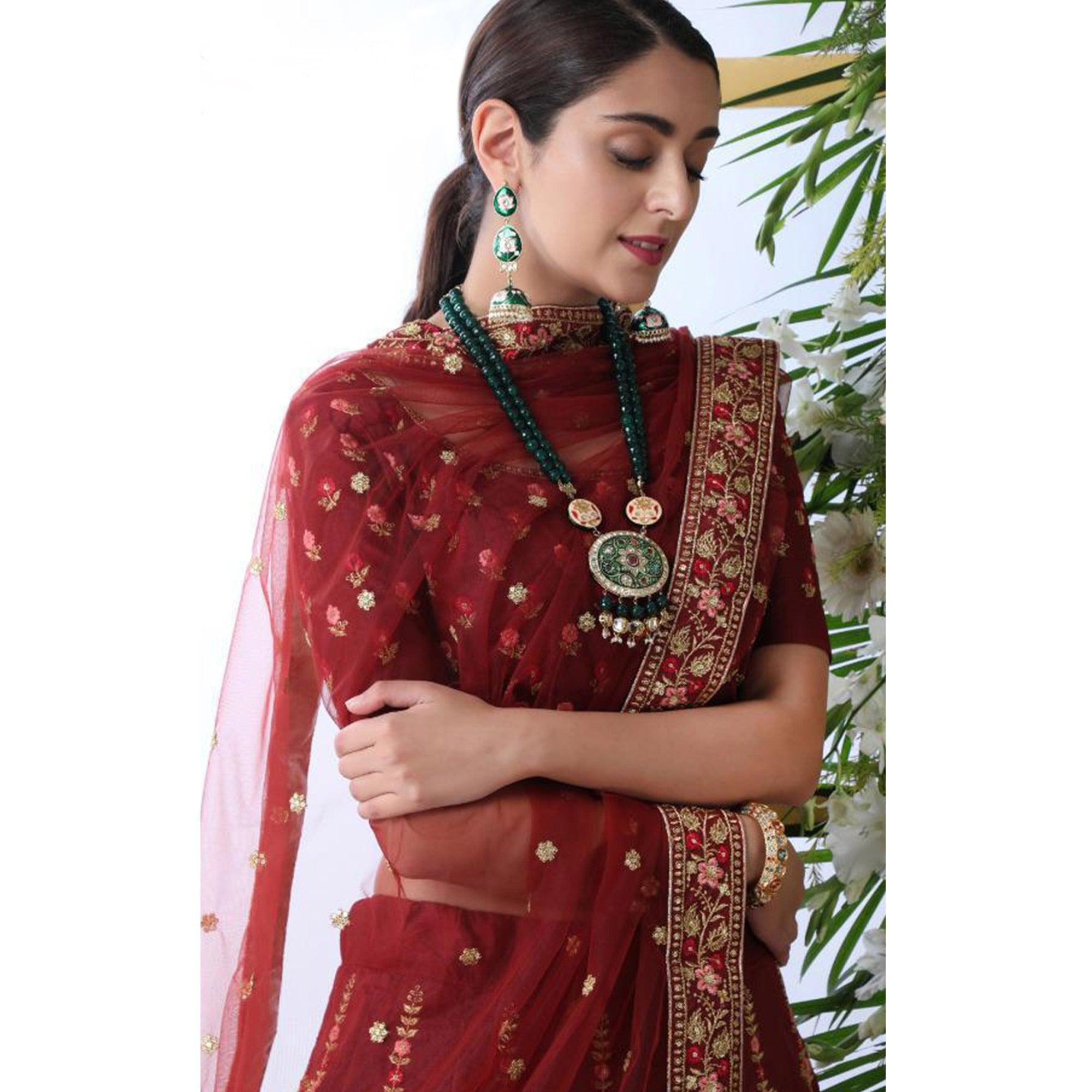 Pleasant Maroon Colored Party Wear Floral Embroidered Art Silk Lehenga Choli - Peachmode