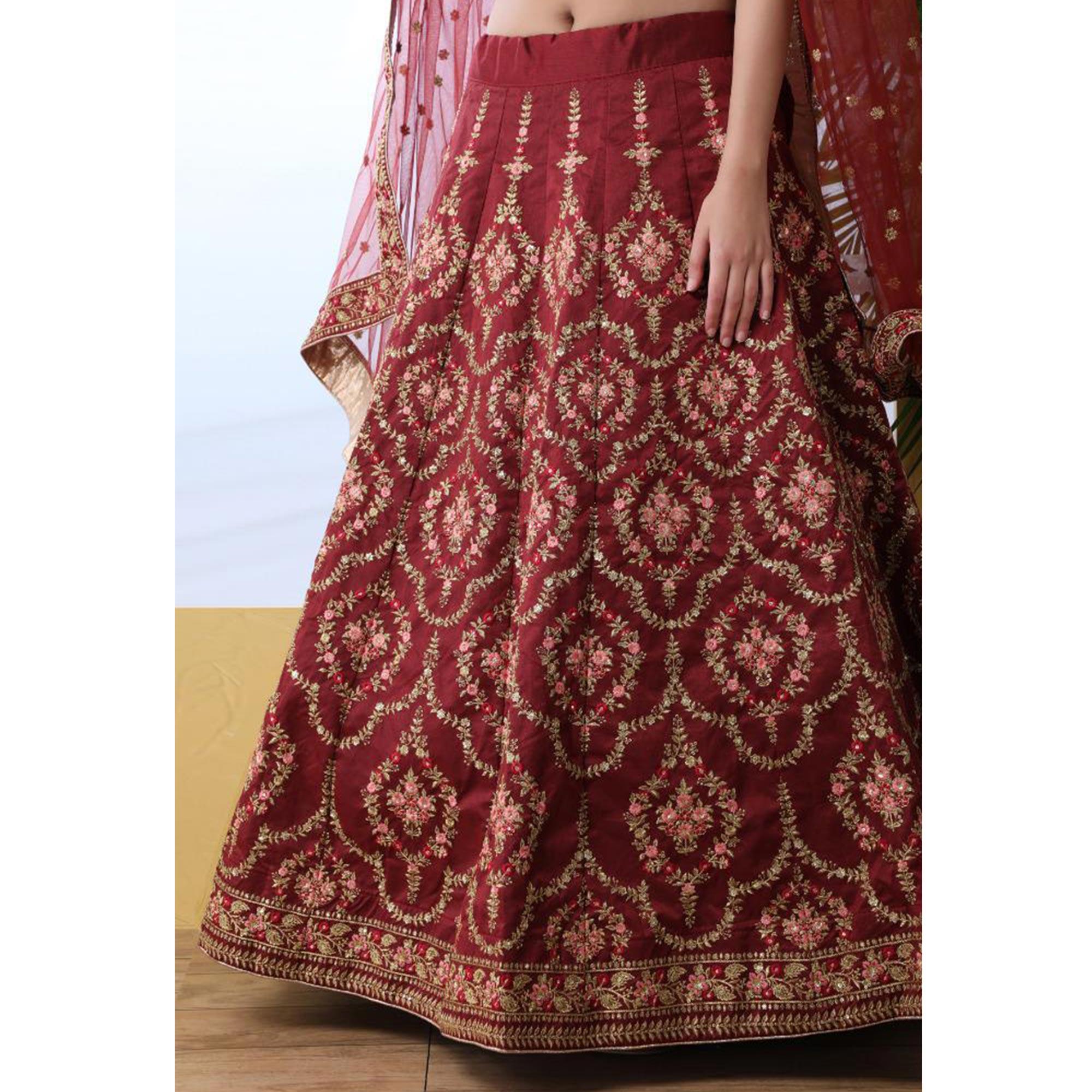 Pleasant Maroon Colored Party Wear Floral Embroidered Art Silk Lehenga Choli - Peachmode