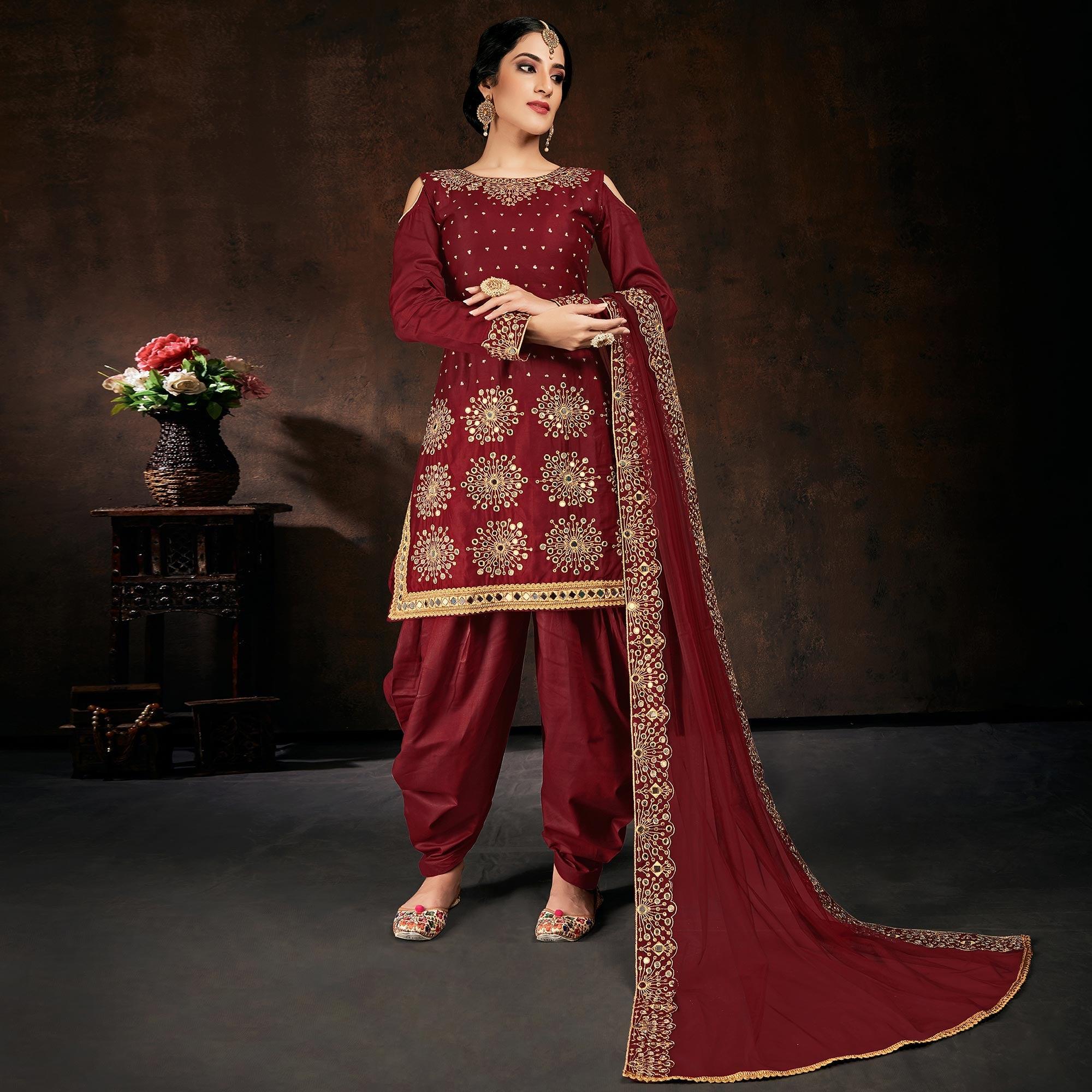 Pleasant Maroon Coloured Partywear Designer Embroidered Heavy Faux Georgette Patiala Suit - Peachmode