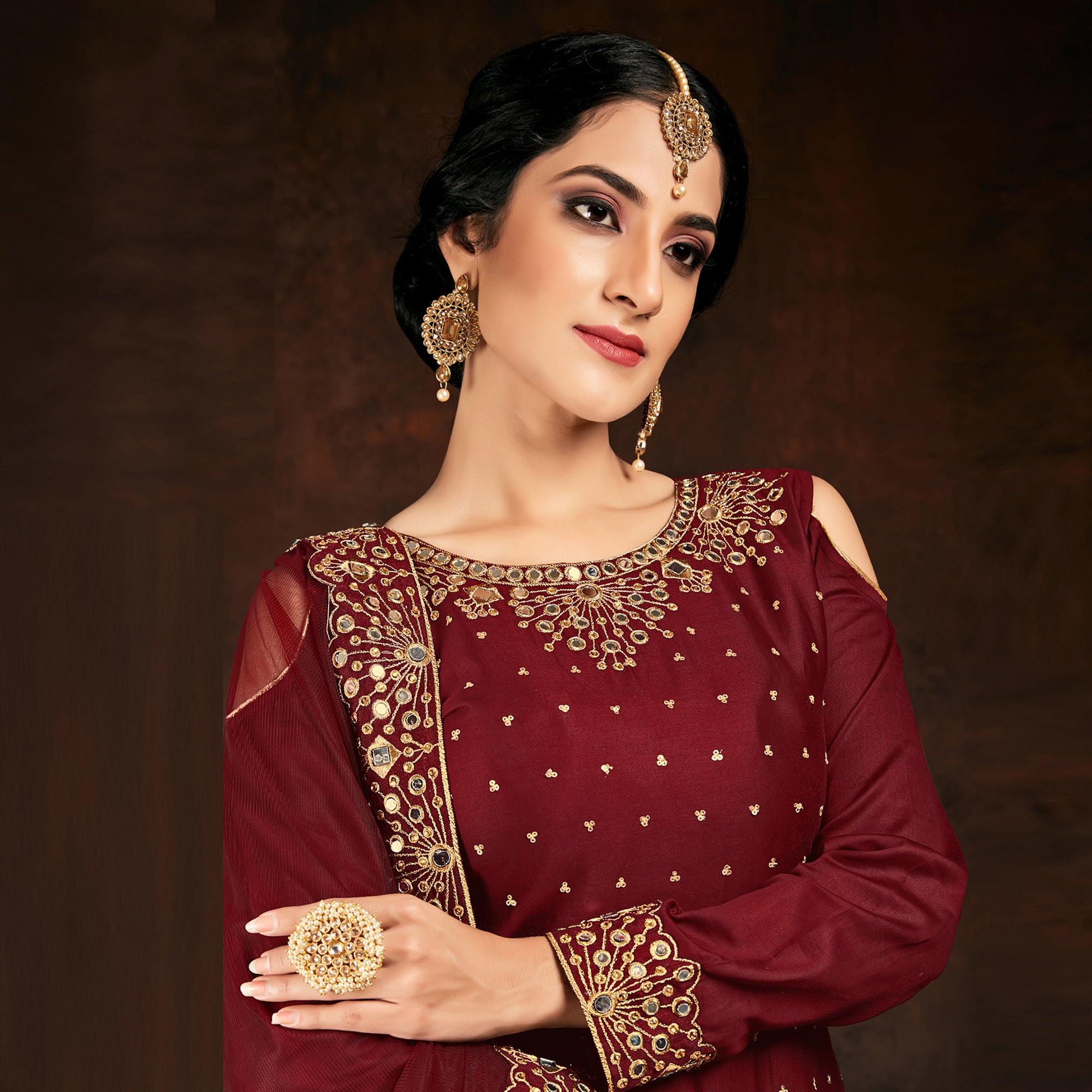 Pleasant Maroon Coloured Partywear Designer Embroidered Heavy Faux Georgette Patiala Suit - Peachmode