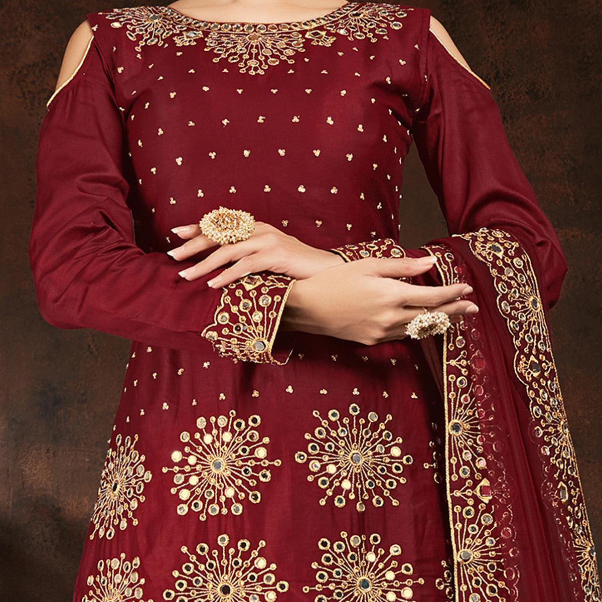 Pleasant Maroon Coloured Partywear Designer Embroidered Heavy Faux Georgette Patiala Suit - Peachmode