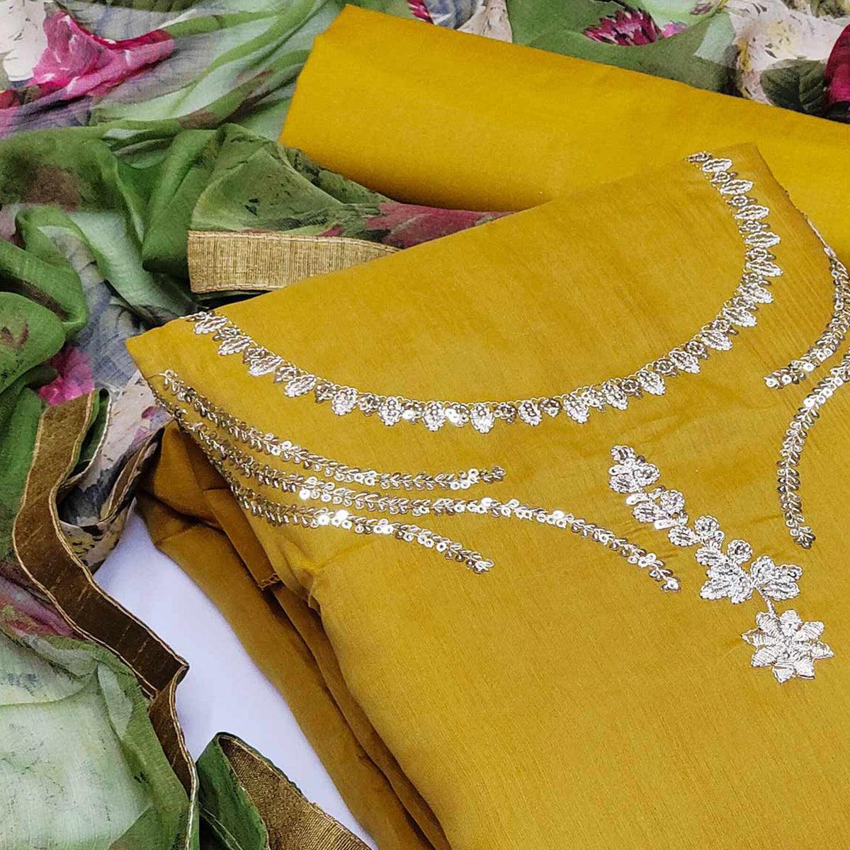 Pleasant Mustard Yellow Colored Casual Wear Embroidered Chanderi Dress Material - Peachmode