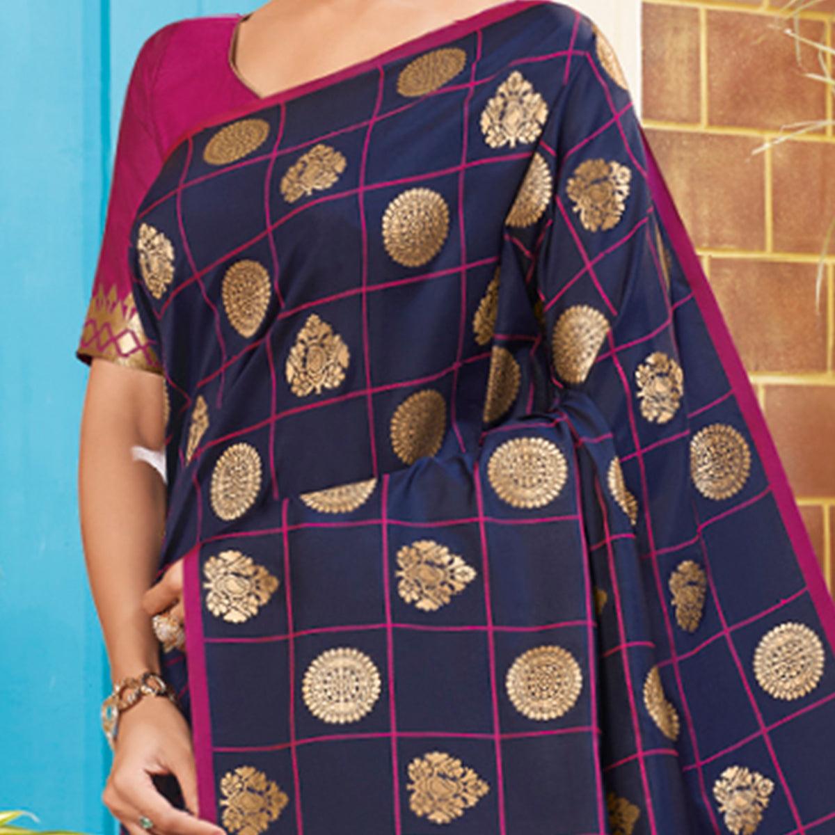 Pleasant Navy Blue Colored Festive Wear Woven Silk Saree - Peachmode