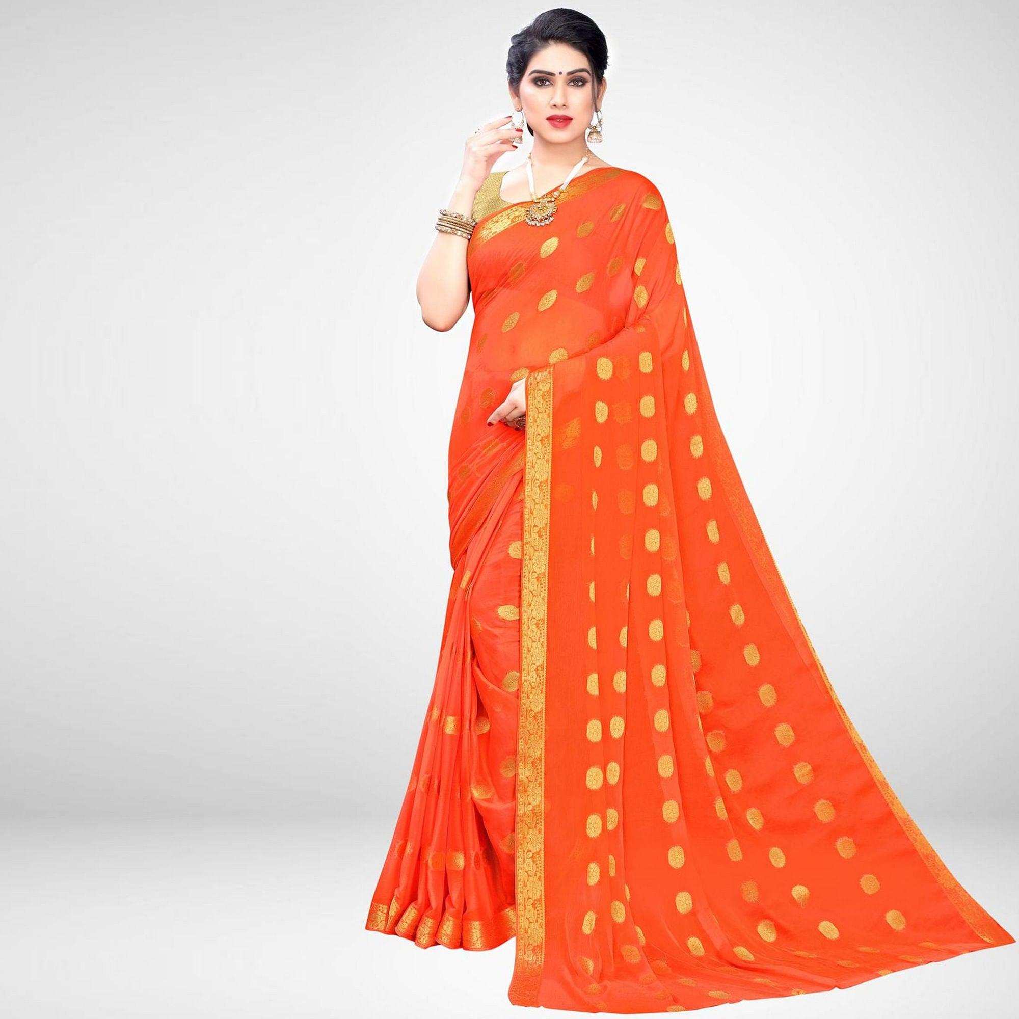 Pleasant Orange Colored Casual Wear Printed Chiffon Saree - Peachmode