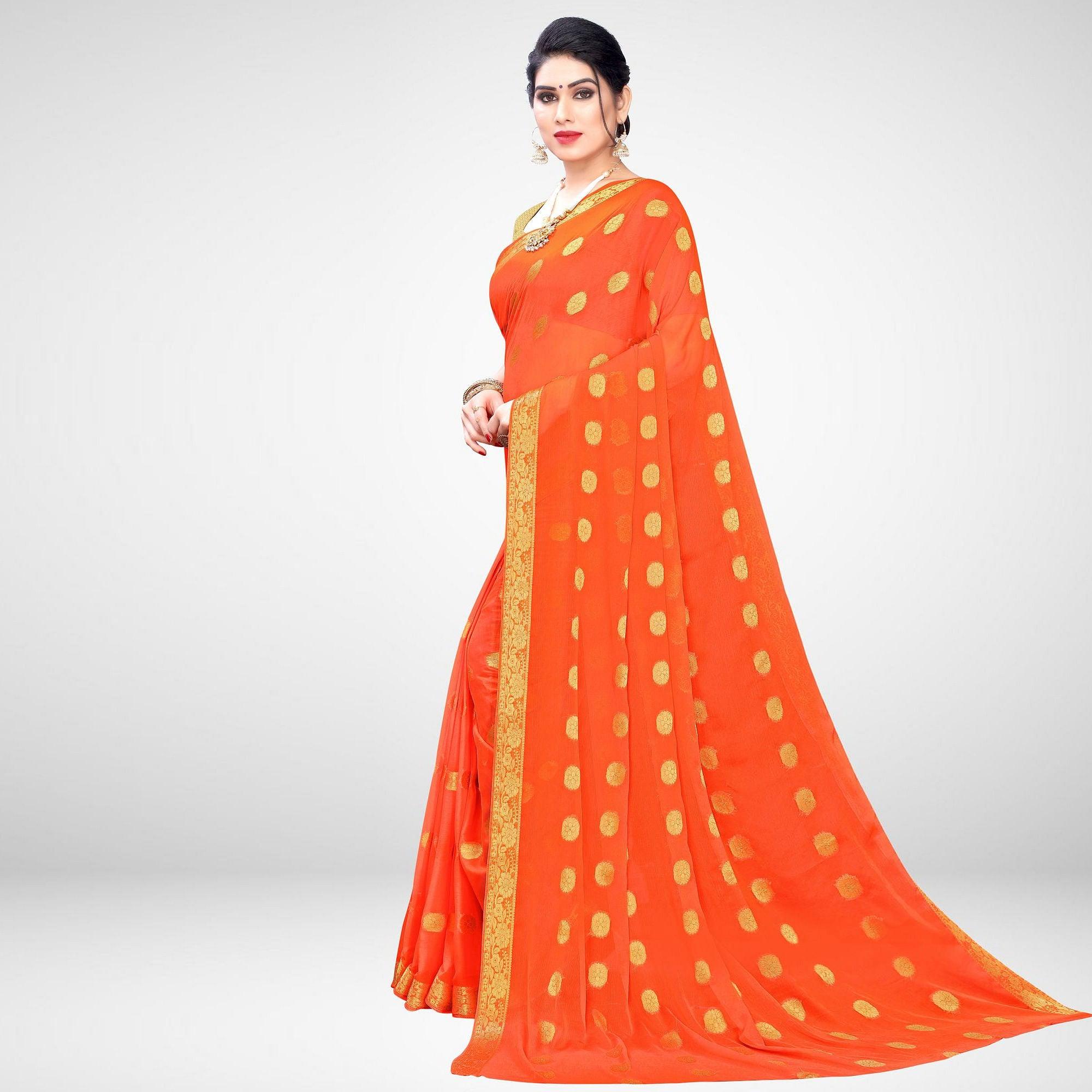Pleasant Orange Colored Casual Wear Printed Chiffon Saree - Peachmode