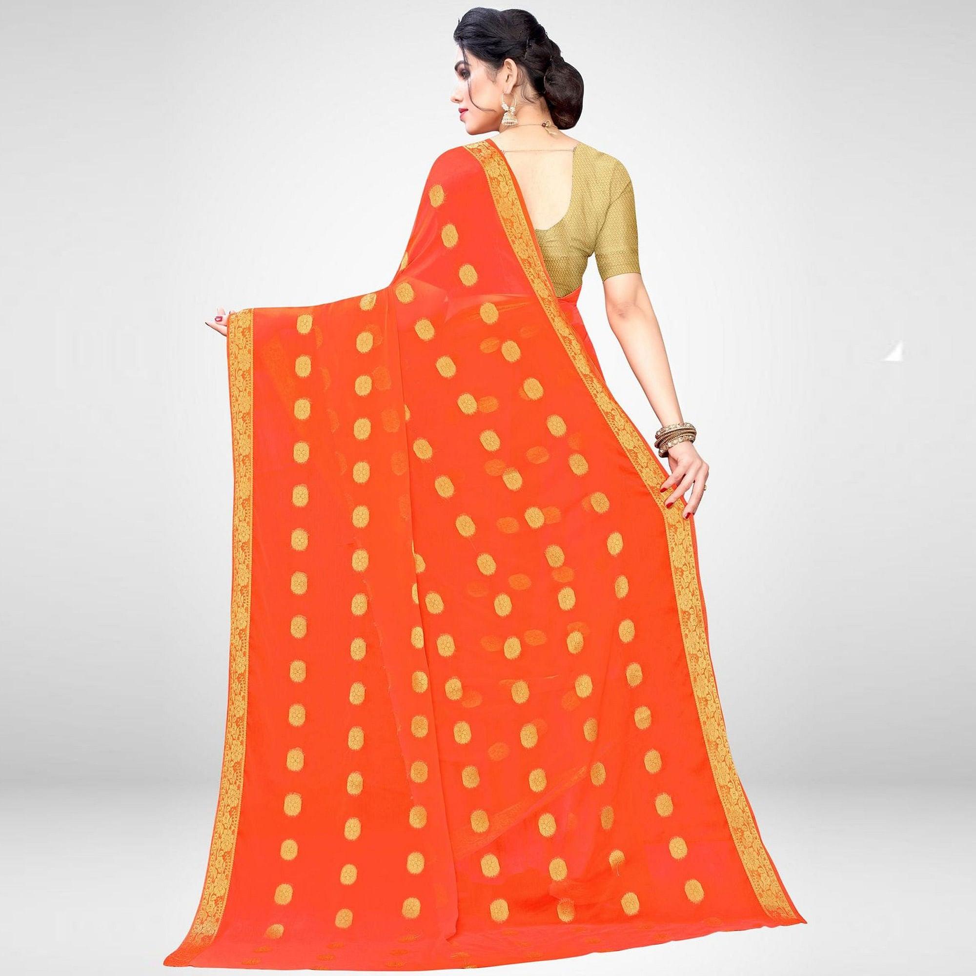 Pleasant Orange Colored Casual Wear Printed Chiffon Saree - Peachmode