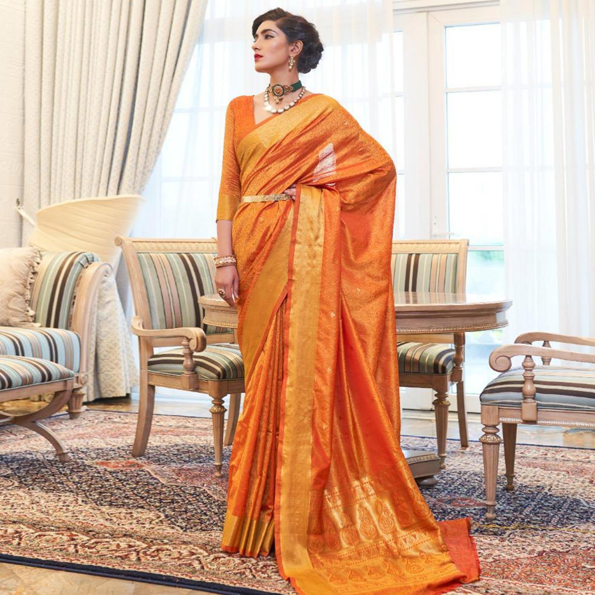 Pleasant Orange Colored Festive Wear Woven Pure Kanjivaram Silk Saree - Peachmode