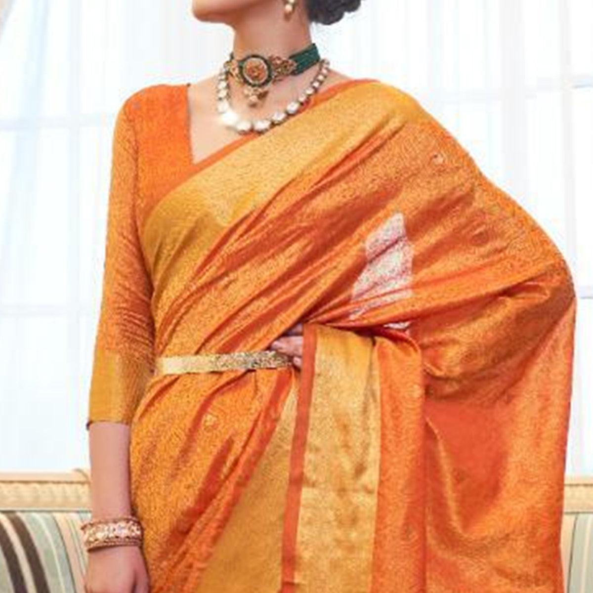 Pleasant Orange Colored Festive Wear Woven Pure Kanjivaram Silk Saree - Peachmode