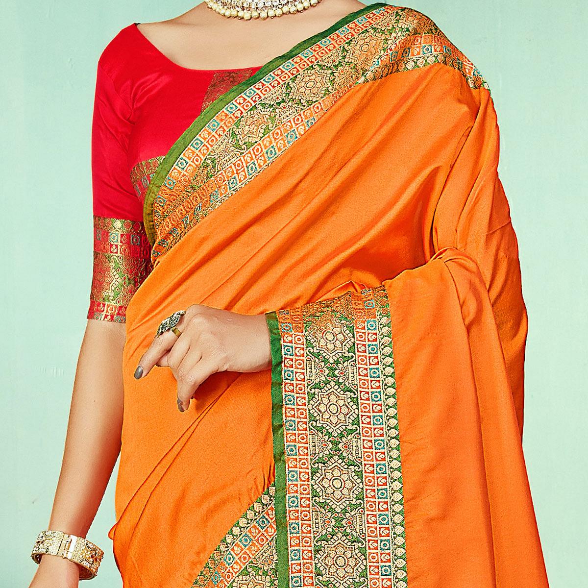 Pleasant Orange Coloured Partywear Woven Silk Saree - Peachmode
