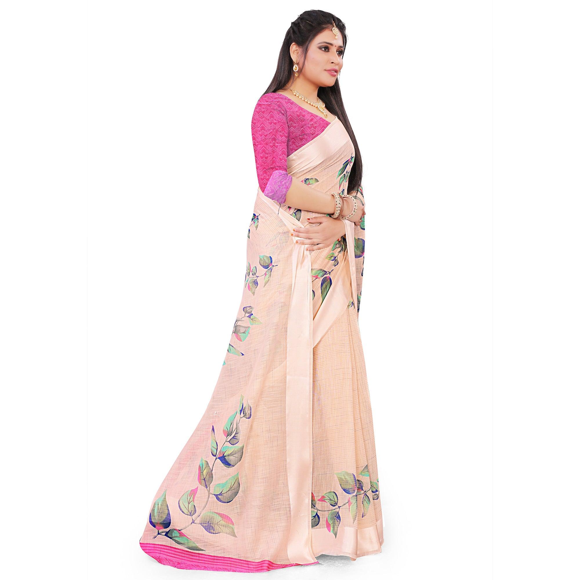 Pleasant Peach Colored Casual Floral Printed Linen Saree - Peachmode