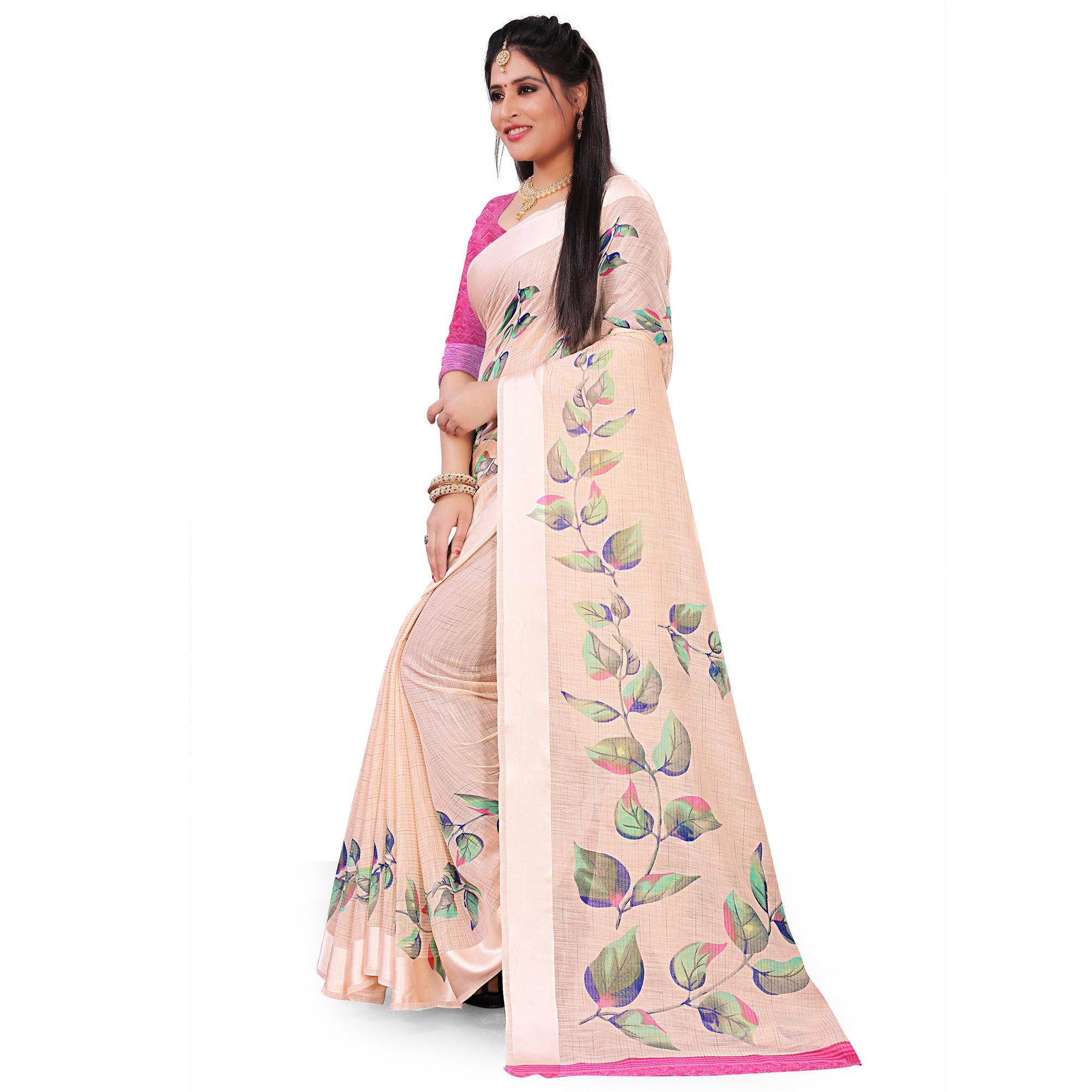 Pleasant Peach Colored Casual Floral Printed Linen Saree - Peachmode